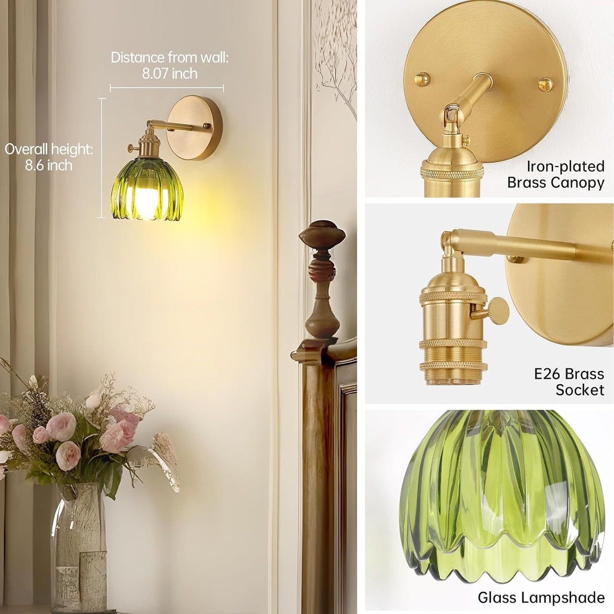 Shenmoyl Vintage Battery Operated Wall Sconce with Green Tulip Glass Lampshade 5000 mAh Rechargeable Battery Powered Wall Light with Remote Control for Bedside Bedroom Doorway, Set of 2