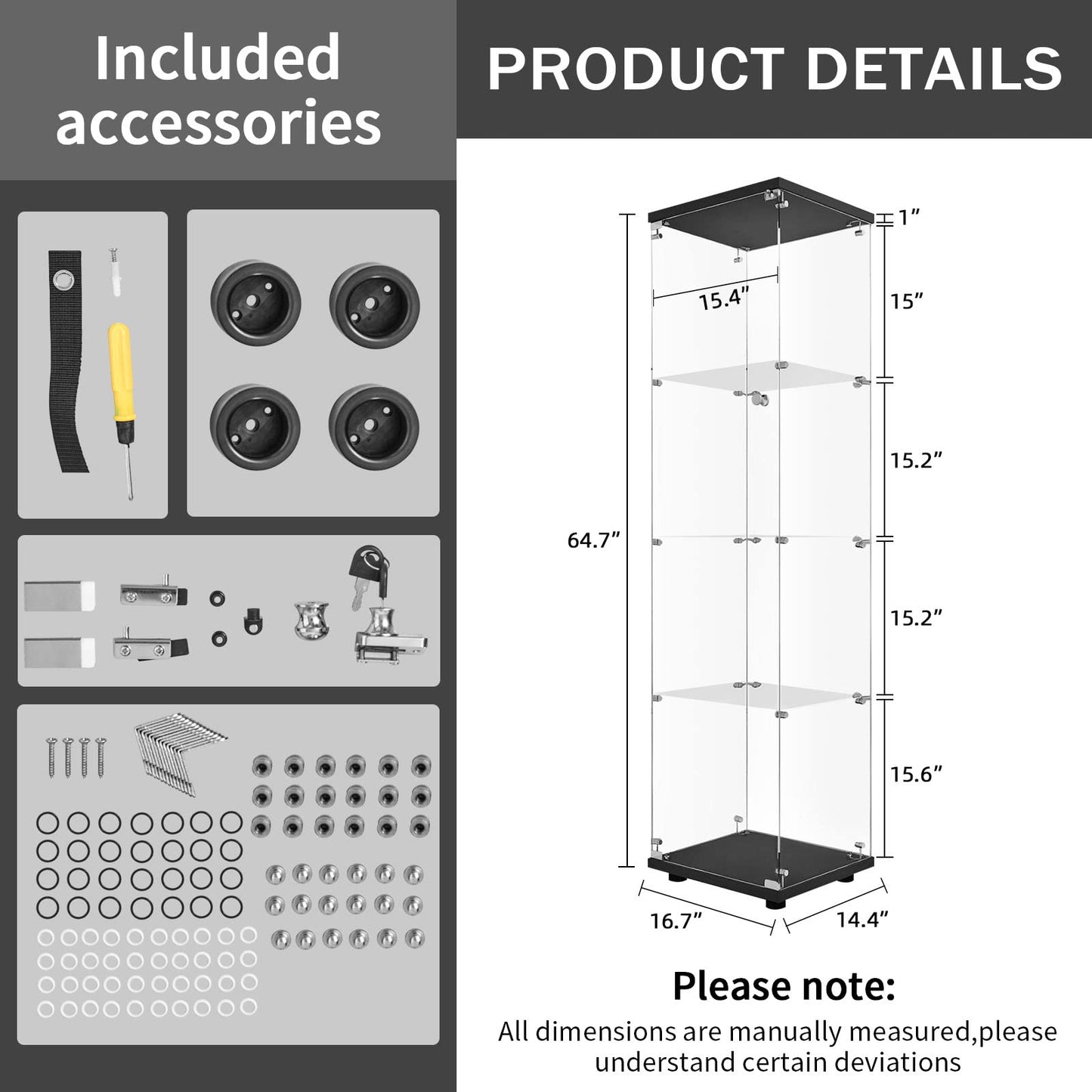 LFT HUIMEI2Y Glass Display Cabinet 4-Shelf with Door and Lock, Curio Cabinets Upgraded Quick-Install Style Tempered Glass Floor Standing Bookshelf for Bedroom, Living Room 65”x 17”x 14” Black