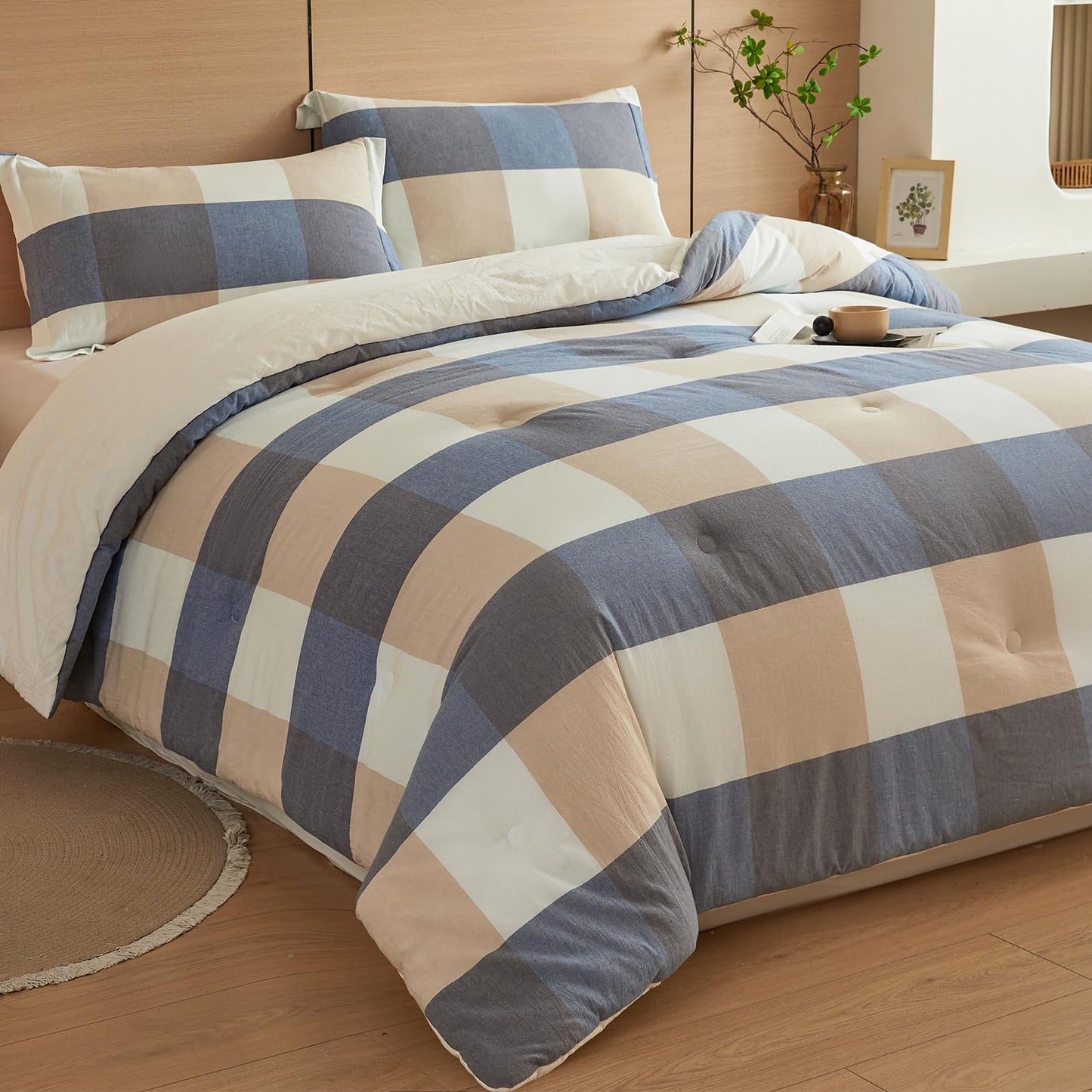 hadamick 100% Cotton Comforter Set Twin Size – Reversible Yarn-Dyed Checkered Design, Soft Washed Cotton on Both Sides, Lightweight All-Season Bedding, Machine Washable(Blue White Plaid, 68”x90”)