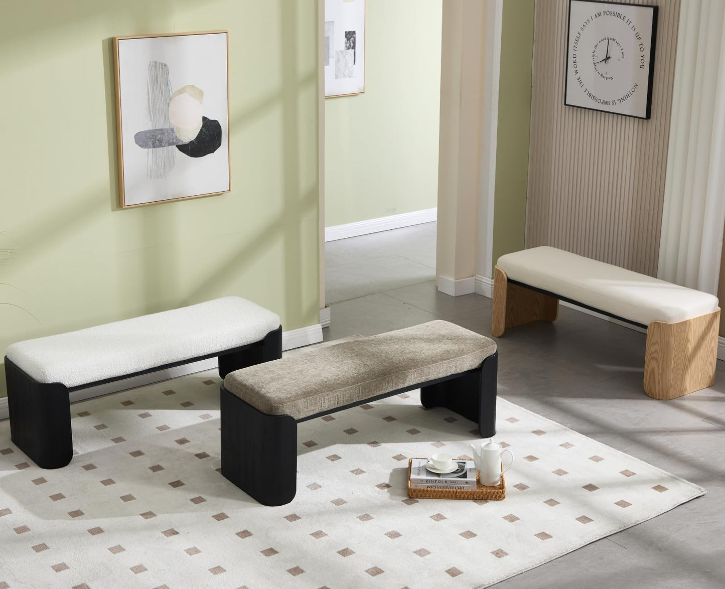 Shunzhi Modern Upholstered End of Bed Bench for Bedroom 49” Entryway Bench with Black Wood Leg Window Ottoman Bench for Living Room/Bedroom/Hallway/Indoor, Green Chenille
