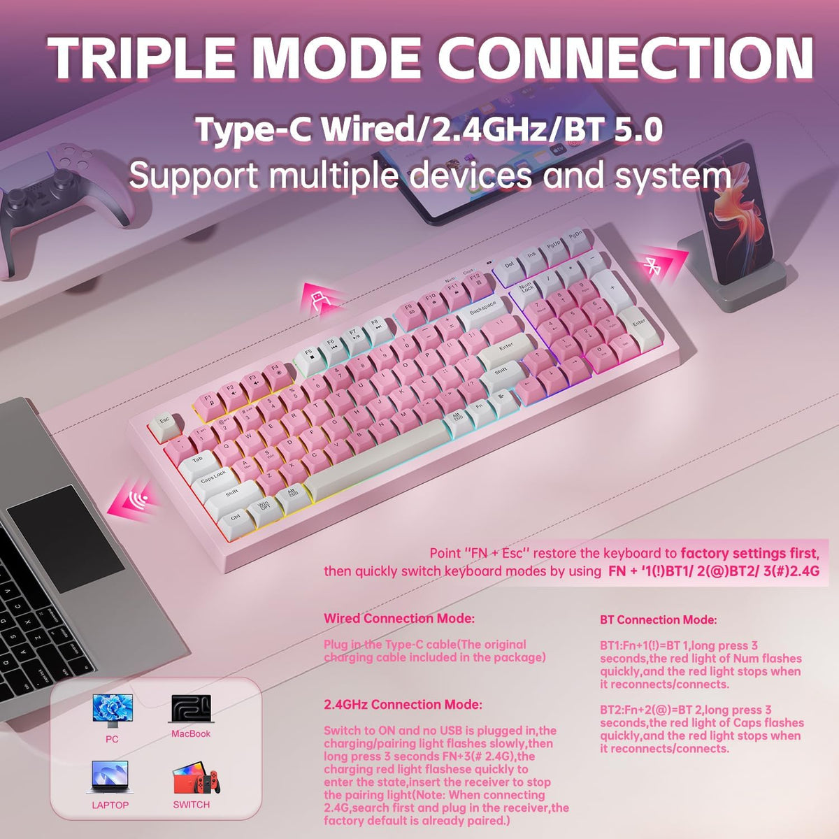 LEOBOG x Aula Pink Keyboard Wireless Creamy Computer Gaming Keyboards