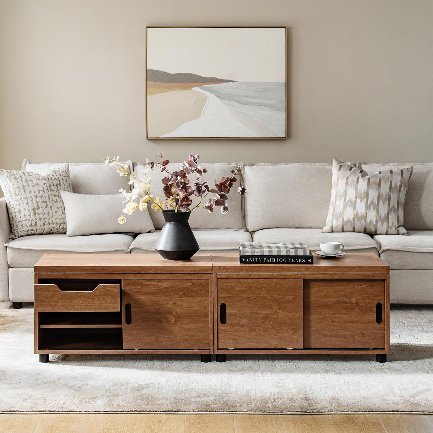 HULALA HOME Coffee Tables Set of 2 with Storage, Modern Sofa Side Tables with Modular Design, Rectangle Wood End Tables with Adjustable Shelves, Acorn
