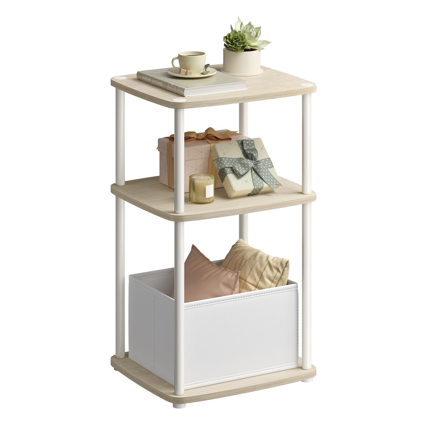 SONGMICS HOME Side Table, 3-Tier Nightstand with Storage, End Table with Fabric Basket, for Bedroom, Living Room, Steel Frame, Superfast Toolless Assembly, Modern, Natural Beige ULET286N01