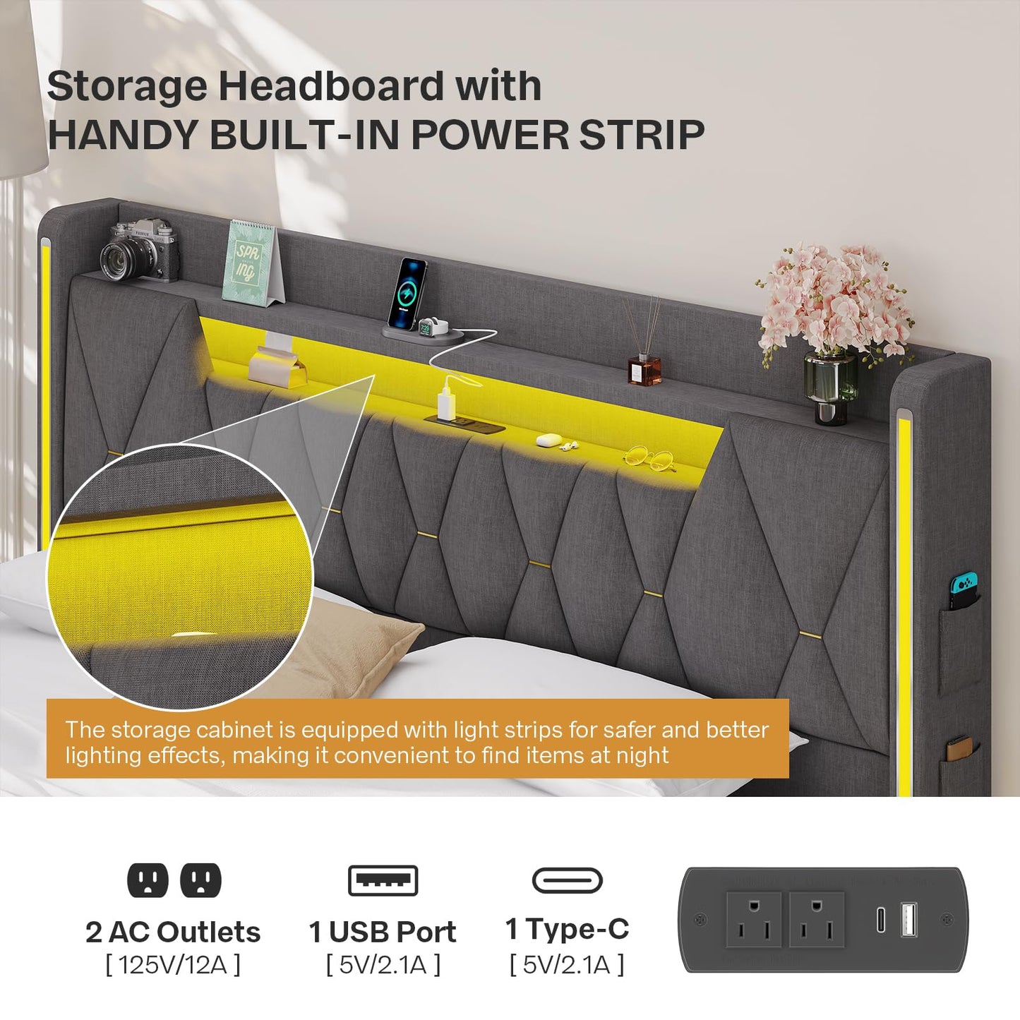 Dnxao Floating Bed Frame,King Bed Frame with Hidden Storage, King Platform Bed Frame with Headboard,4 Pockets,LED Lights and Charging Station, Noise Free, No Box Spring Needed,Quick Assembly,Gray