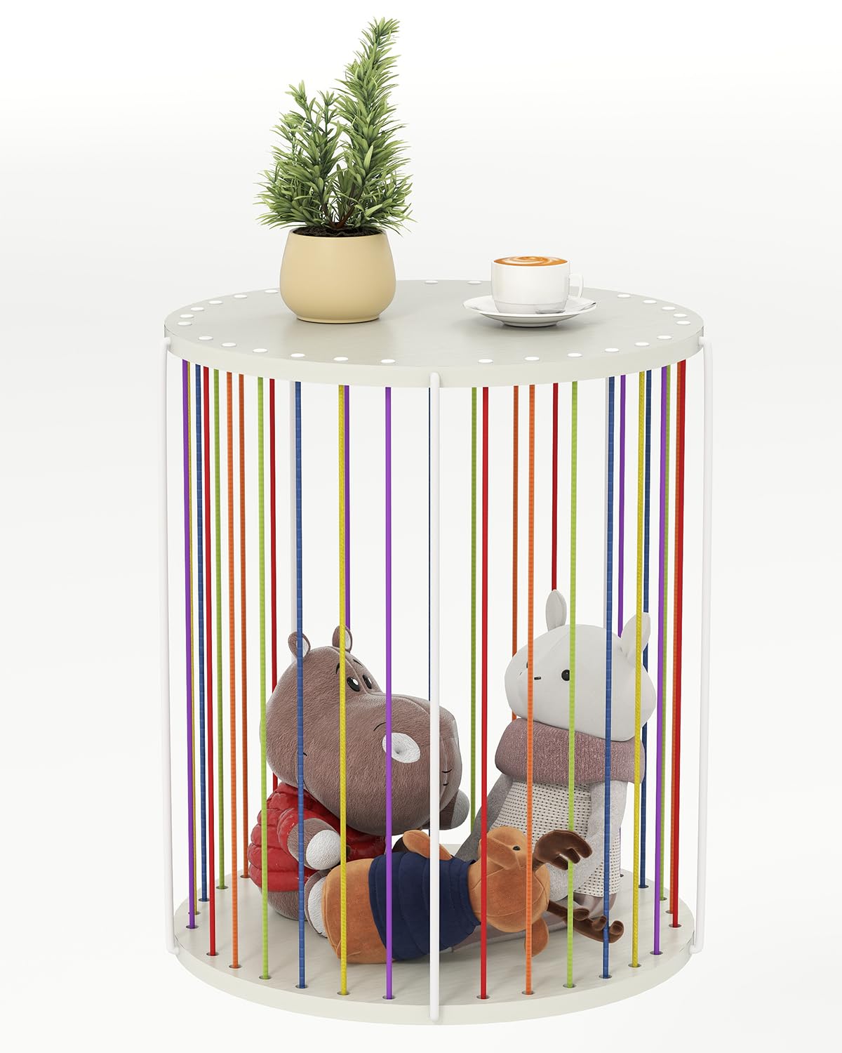 KJGKK Round Side Table, Circle End Table with Elastic Rope and Wire Frame, Modern Nightstand, for Living Room, Bedroom, Color & White