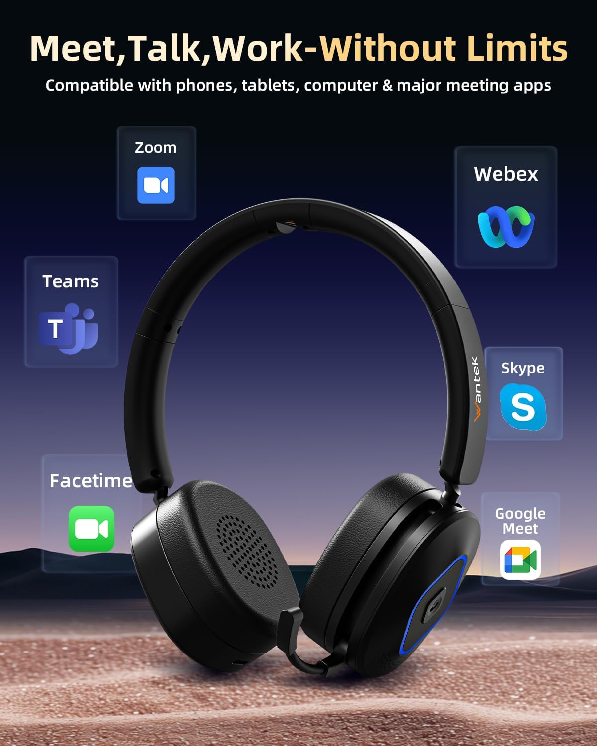 Wantek Wireless Headset with Mic for Work, Bluetooth Headset with Microphone (AI Noise Cancelling), 60 Hours Woktime Wireless Headphone for Work from Home/Call Center/Office/PC/Laptop/Computer/Zoom