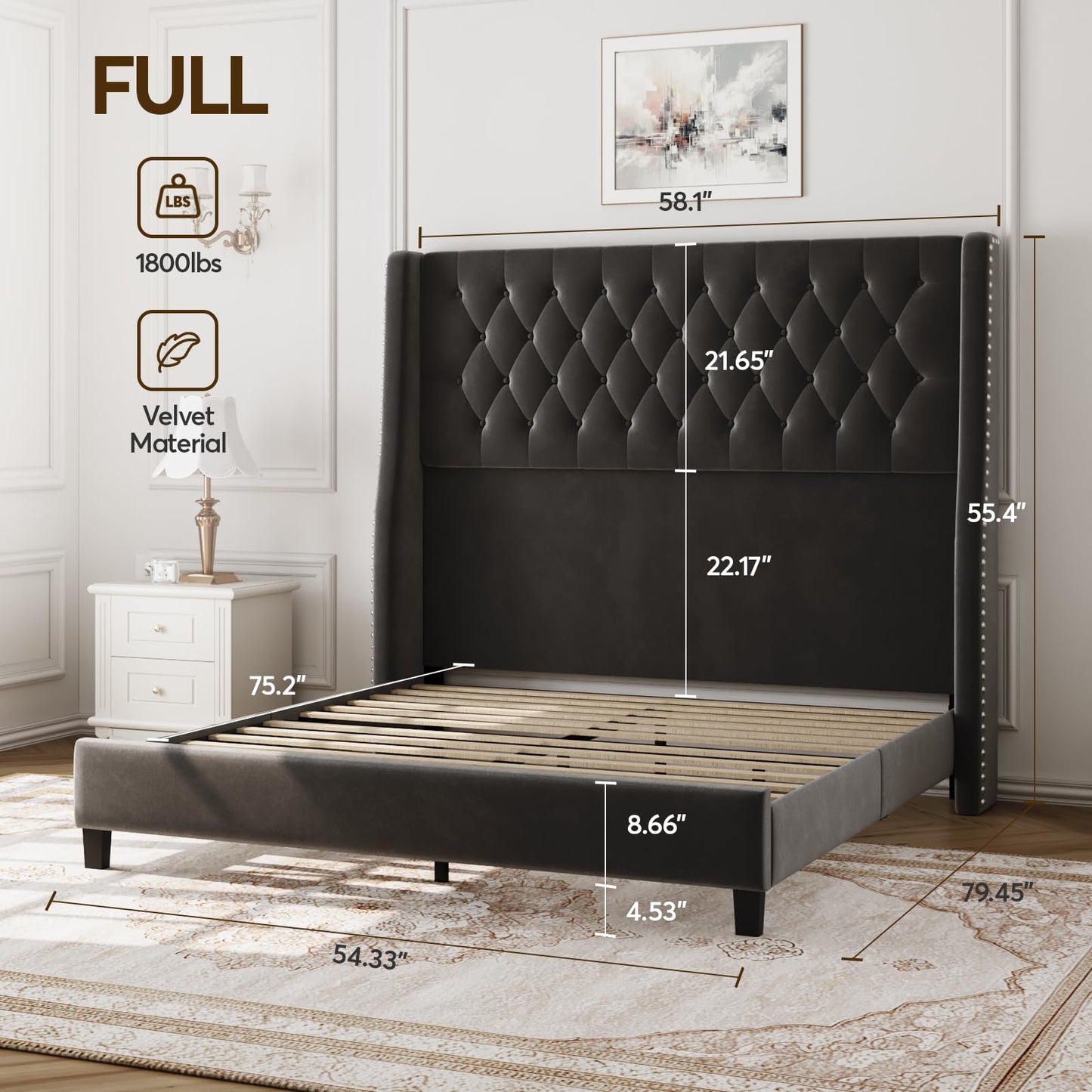 SEREINEY Full Bed Frame with 55" Tall Headboard, Upholstered Bed Frames, Soft Fabric, Button Tufted Headboard with Windback, Platform Bed, Noise-Free, No Box Spring Needed, Grey