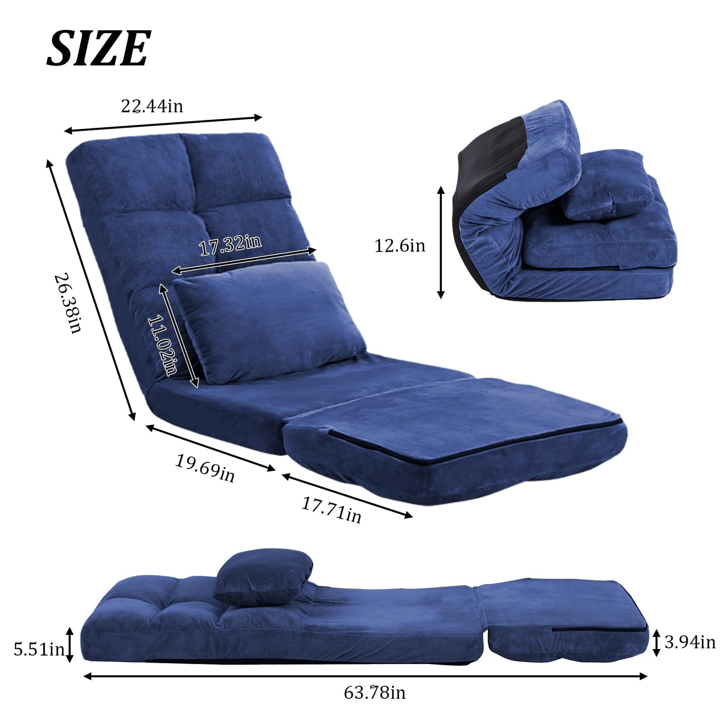DeeLyan Indoor Chaise Lounge Sofa, Floor Chair with Back Support for Adults, 14 Angle Adjustment Recliner Chair, Folding Floor Lounger with Pillow (Blue)