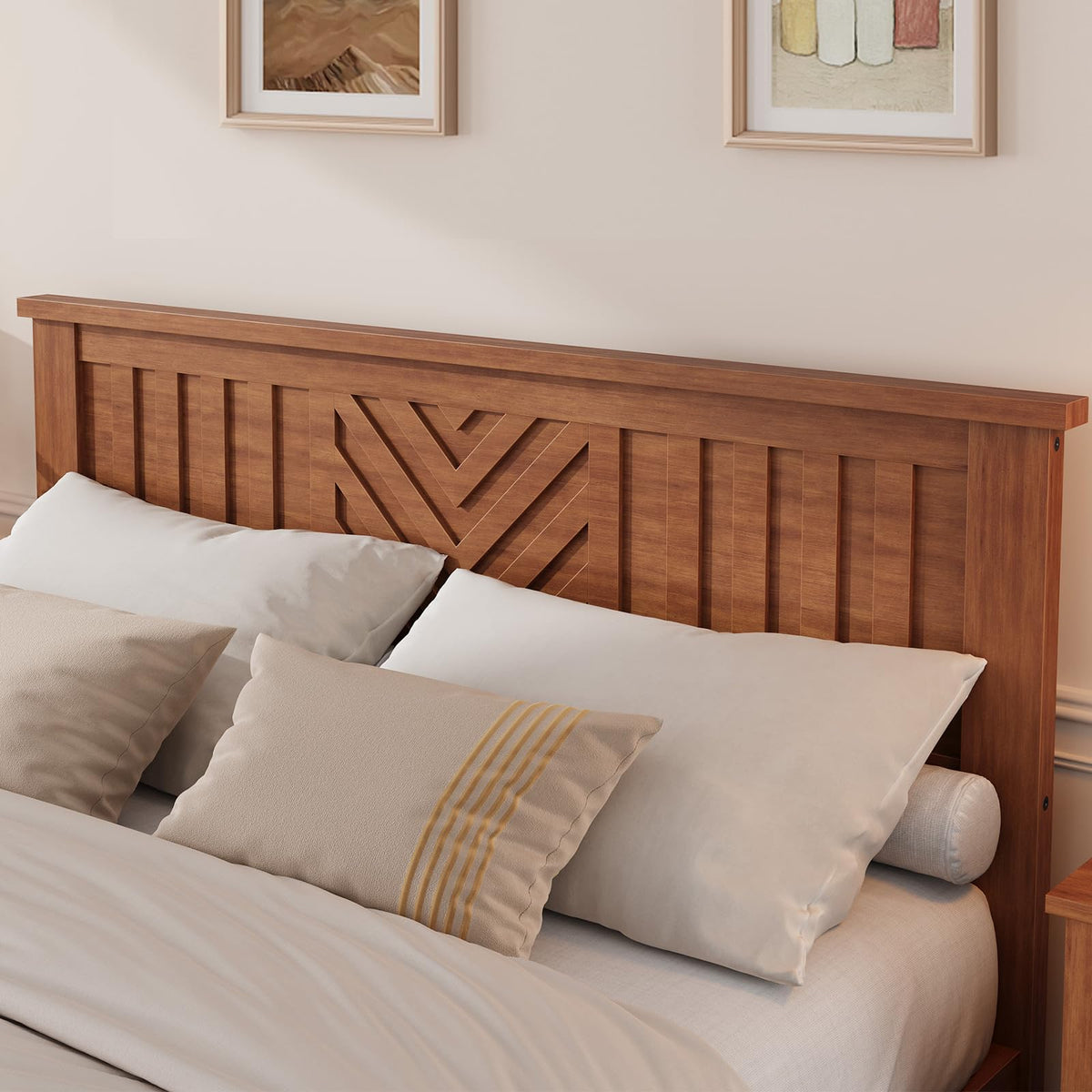 SLEKVERSA Wooden Platform Bed Frame with Headboard, Queen Size Mattress Foundation with Wooden Slat Support, No Box Spring Needed, Easy Assembly, Light Brown