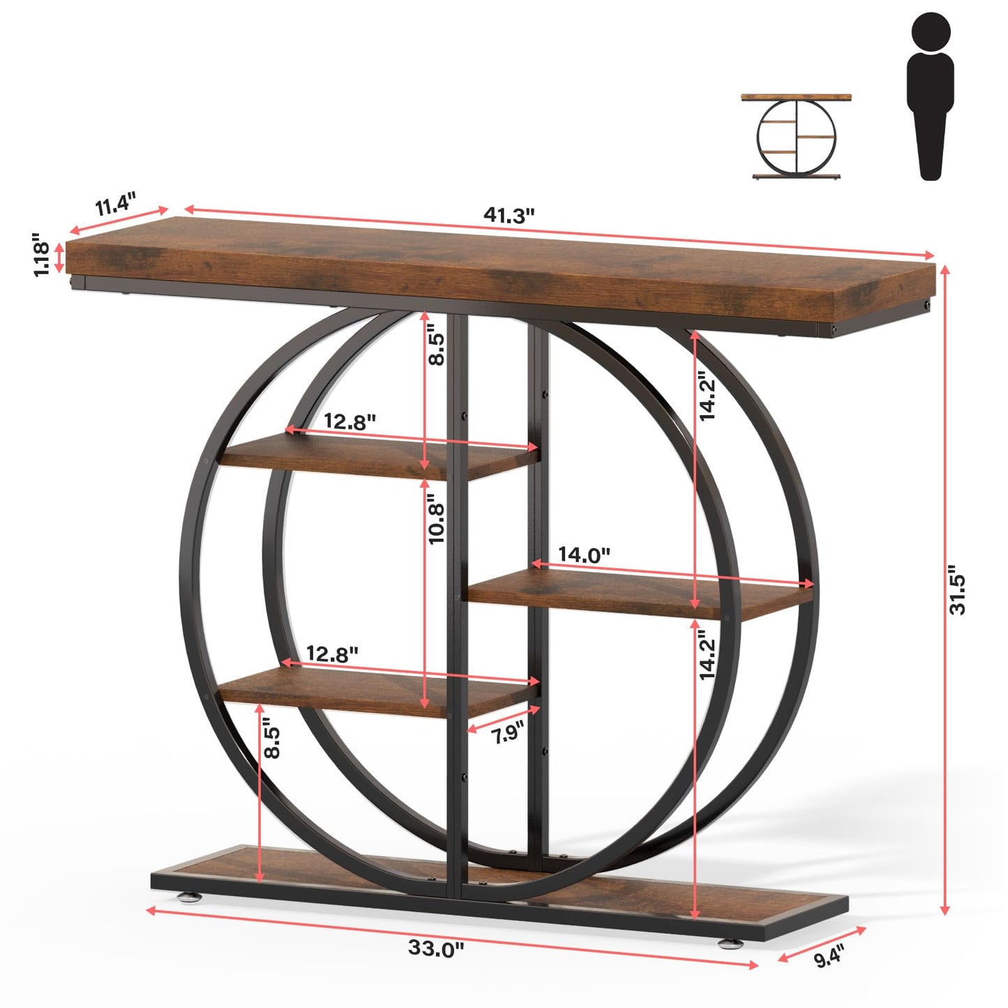 LIFECHOVY 41.3" Console Table for Entryway, Industrial Hallway Sofa Table with Storage Shelves, Narrow Accent Decor Living Room Furniture with Circle Base for Foyer, Entrance, Rustic Brown