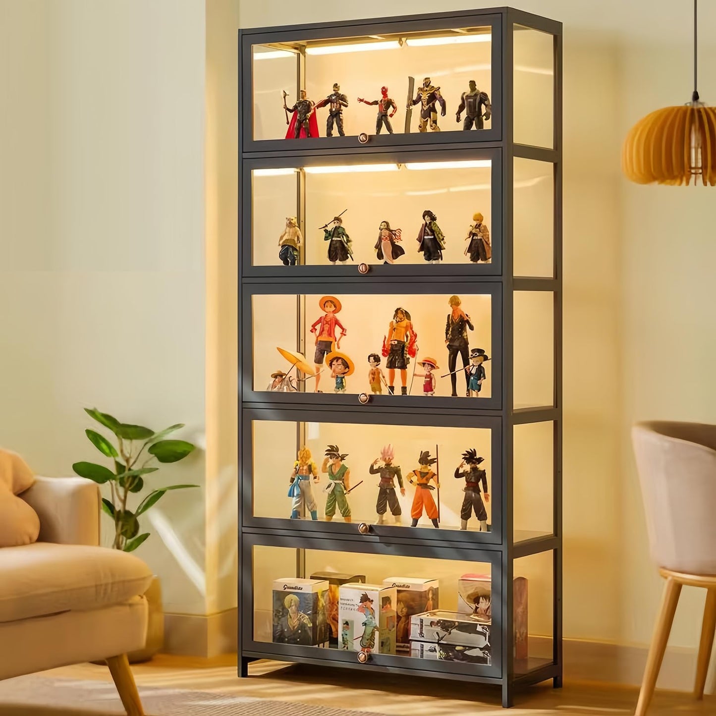 ouioyggk Display Cabinet with Acrylic Glass Door, 5-Tier Curio Display Case, Collectibles Toy Organizers Rack & Display Shelf, Kids Bookcase for Home, Office, Playroom, Living Room, Grey