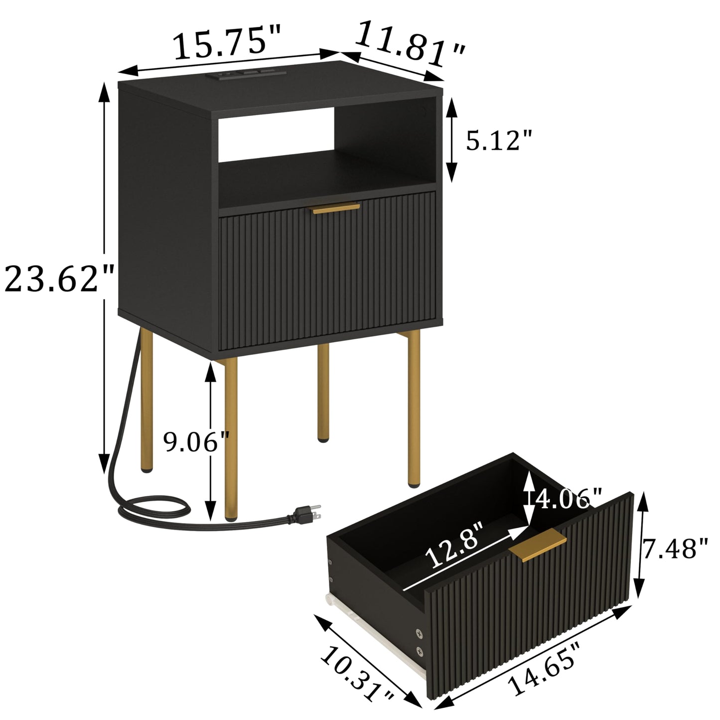 Modern Nightstand with Charging Station and LED Lights, Black Nightstand with Drawer, Fluted Nightstand for Living Room, Bedroom