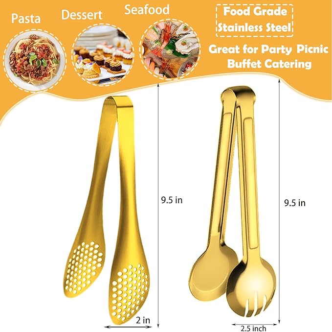 4 PCS Serving Tongs 9 Inch Buffet Tongs Stainless Steel Serving Utensils for Salad Buffet Appetizer Dessert Food Parties, Gold