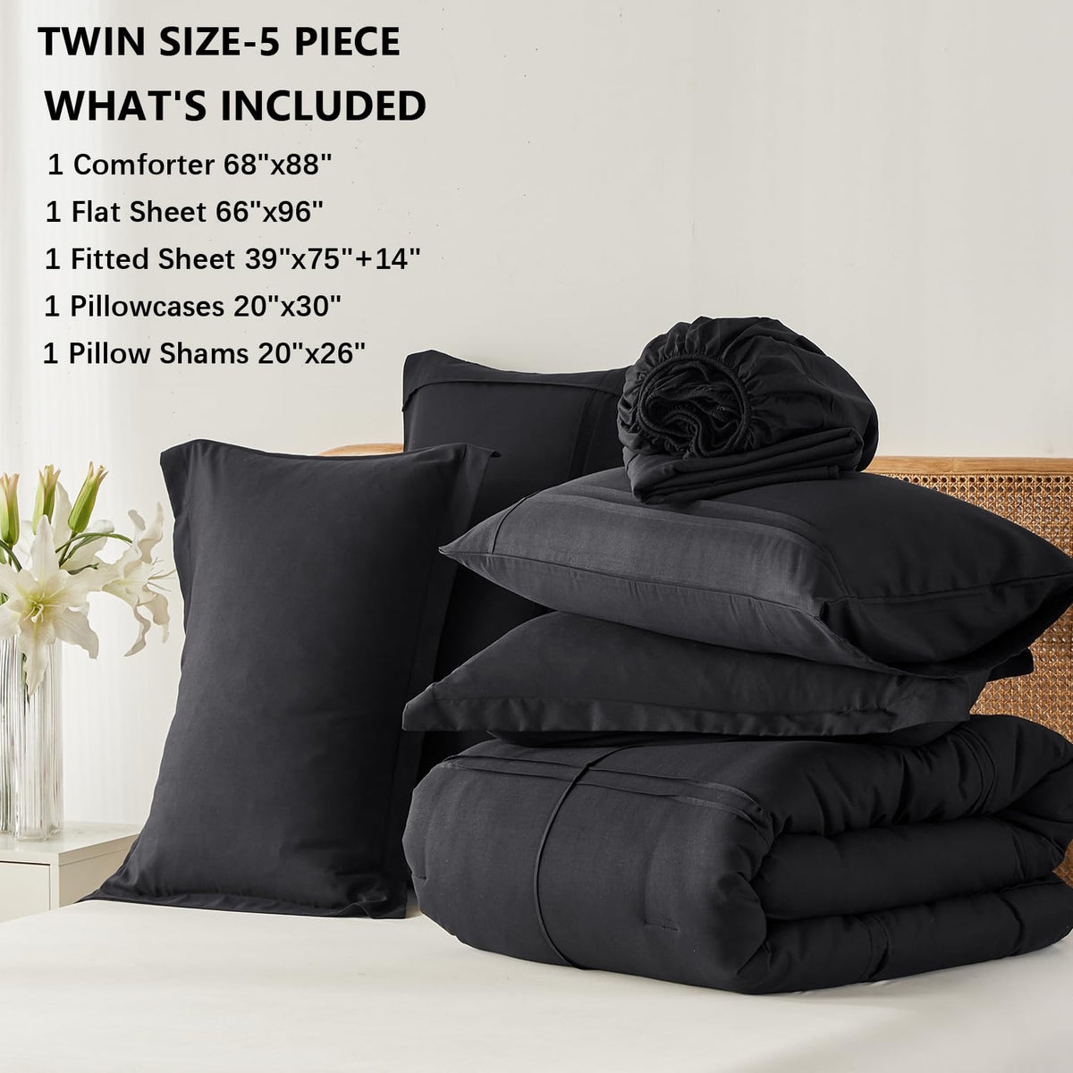 Yogeneg Twin Comforter Set 5 Piece Bed in a Bag,Grid Pinch Pleat Black Twin Bedding Set,Striped Textured Soft Microfiber Comforter with Sheet Set,All Season Complete Bed Set(Black,Twin)