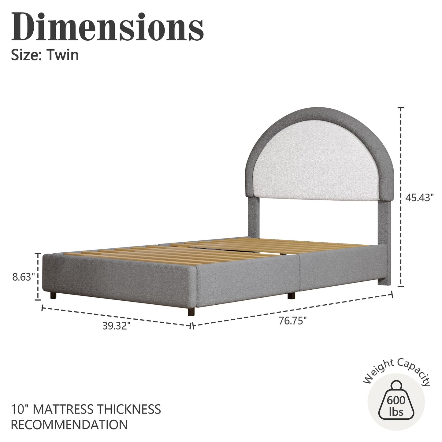 REVOMINCA Twin Boucle Bed Frame, Boucle Upholstered Platform Bed Twin Size with Headboard, Twin Bed Frame for Kids Boys Girls, Low Profile Bed, Soft Rounded Corners, No Box Spring Needed, Grey