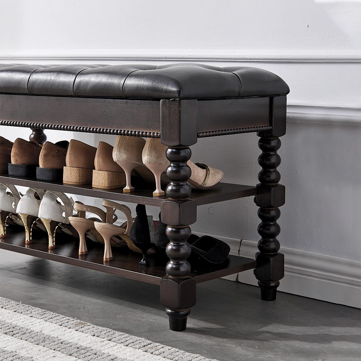 LEILISI Shoe Bench, Wood Storage Bench with Cushion Seat, Shoe Rack with Hidden Storage Space for Entryway Living Room Bedroom Hallway (Walnut, 31.5'')