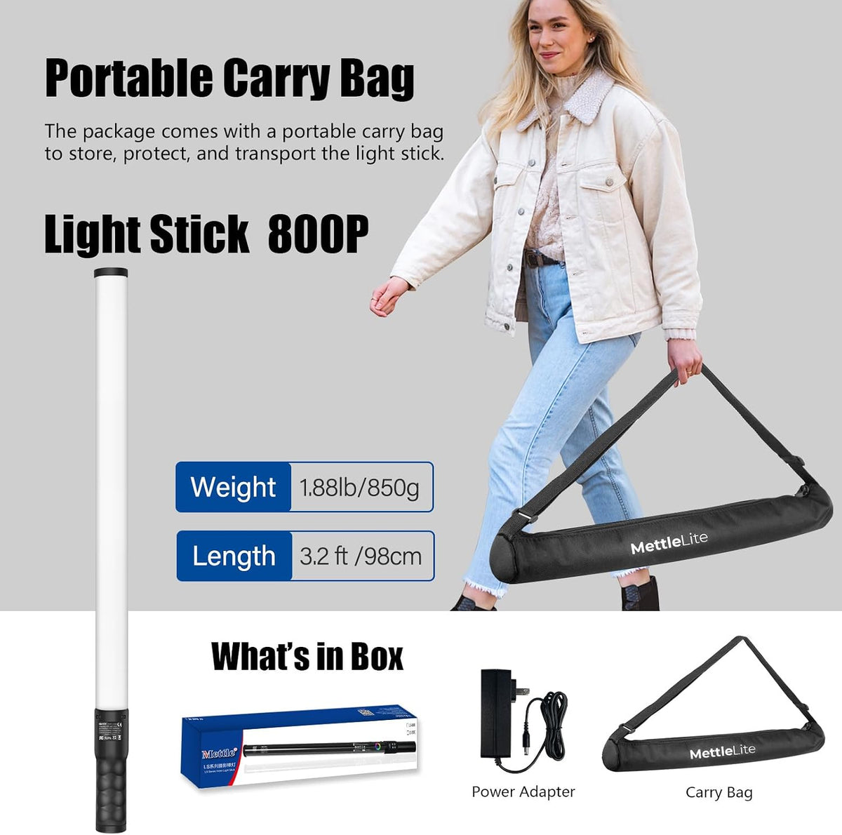Mettlelite LS800P RGB Pixel LED Light Stick, Handheld Full Color RGBWW Continuous Output 3.2 ft with APP Control, 2800K-8000K, Customizable Pixel Light Effect, CRI97+ TLCI98+ Rechargeable Video Light