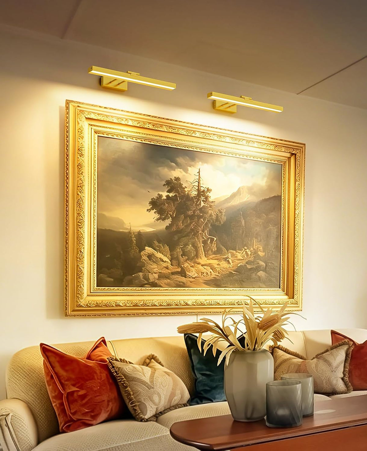 PESUTEN Picture Light for Wall, 16in Battery Wall Sconce Art Light CCT Dimmable Magnetic Battery Lights for Painting with Remote Control for Gallery Artwork Living Room Portraits Hallway 2PCS Gold