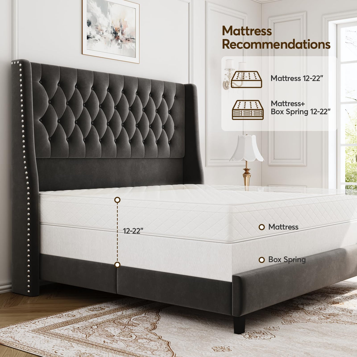 SEREINEY Full Bed Frame with 55" Tall Headboard, Upholstered Bed Frames, Soft Fabric, Button Tufted Headboard with Windback, Platform Bed, Noise-Free, No Box Spring Needed, Grey