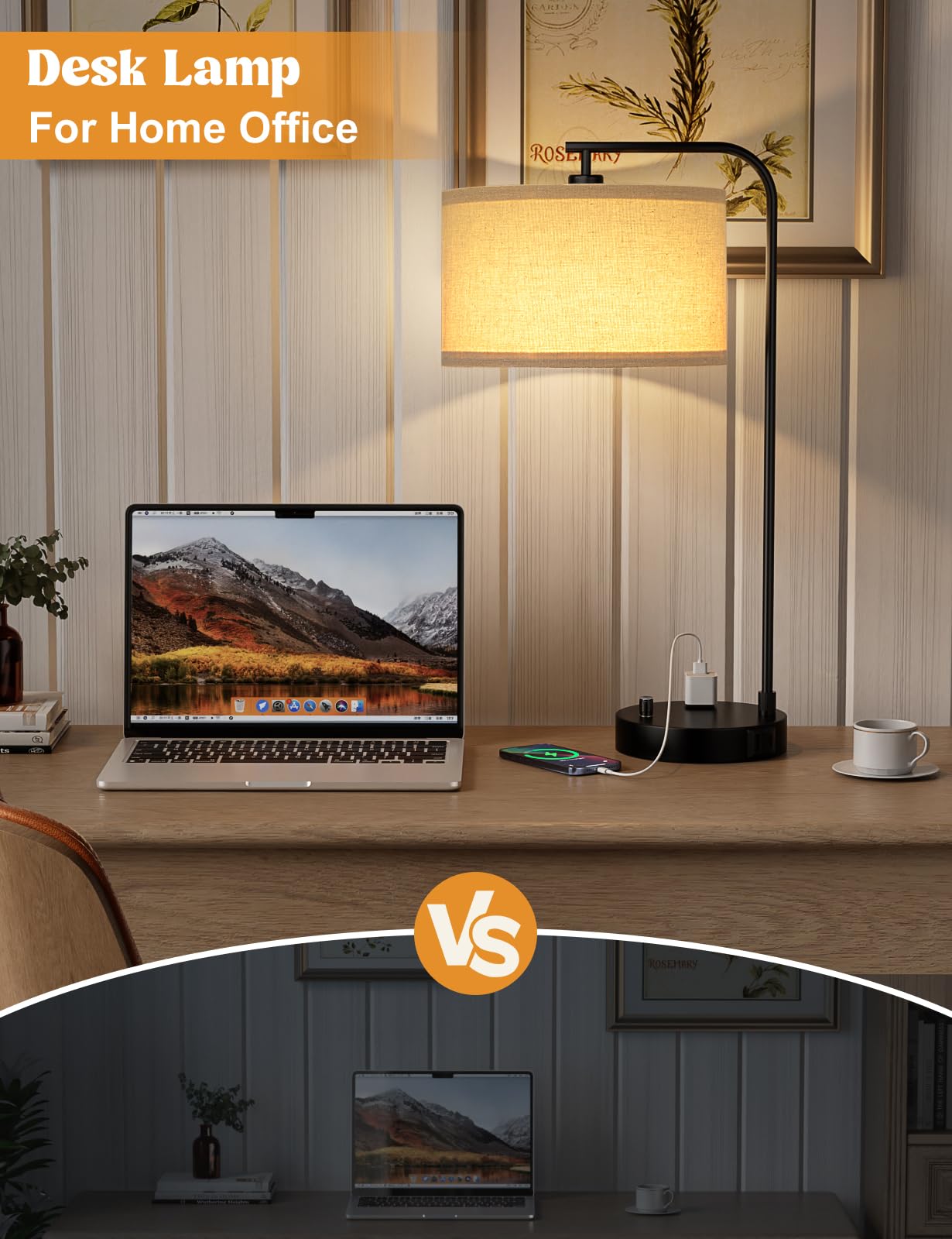 Tall Table Lamp with USB Port and Outlet, Dimmable Nightstand Bedside Lamps with Linen Lampshade, Desk Lamp for Bedroom, Living Room, Guest Room, Home Office, LED Bulb Included