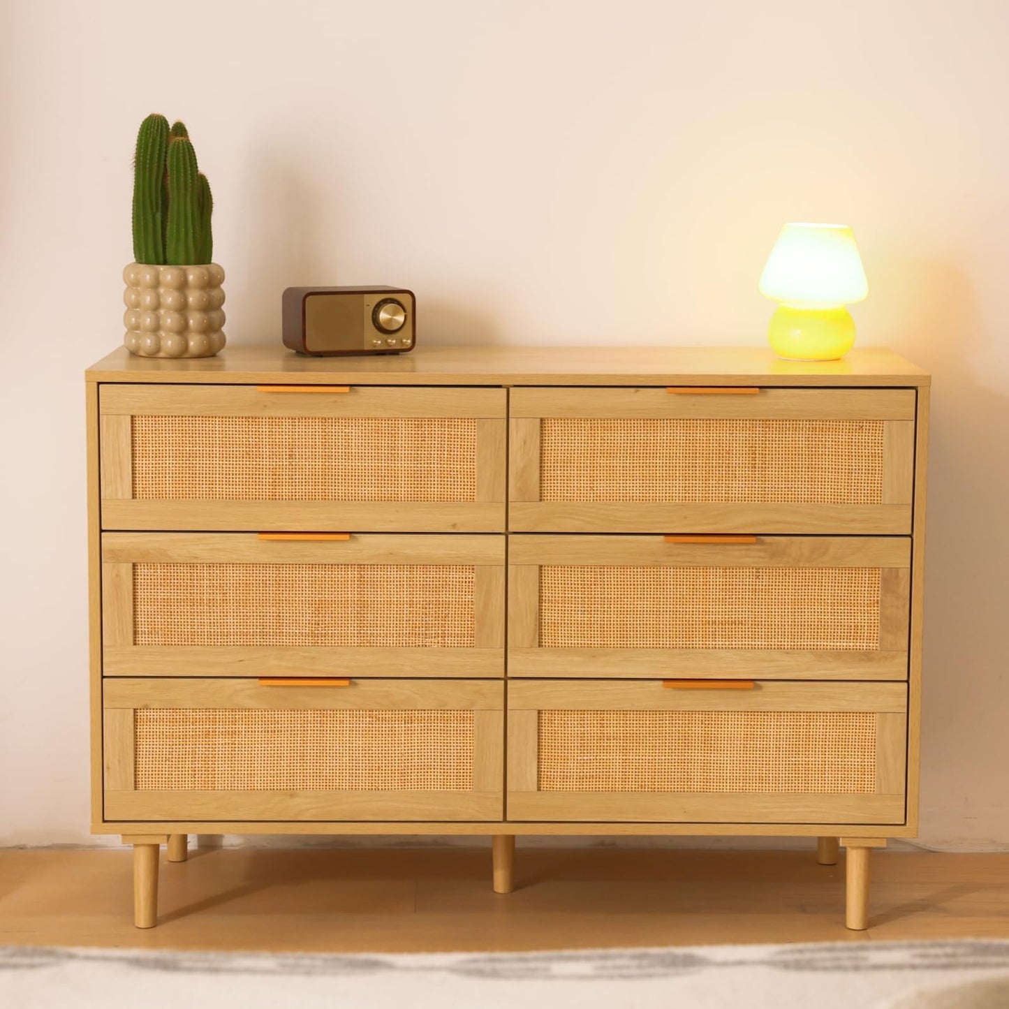 FUQARHY Rattan Dresser for Bedroom, Modern 6 Drawer Double Dresser with Gold Handles, Wood Storage Chest of Drawers fo Bedroom,Living Room,Hallway (Natural)