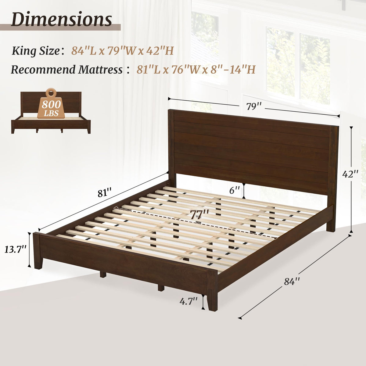 Cozyman Bed Frame King Size, Acacia Wood Platform with Headboard, No Box Spring Needed, 800lb Capacity, Non-Slip Without Noise, Easy Assembly, Walnut