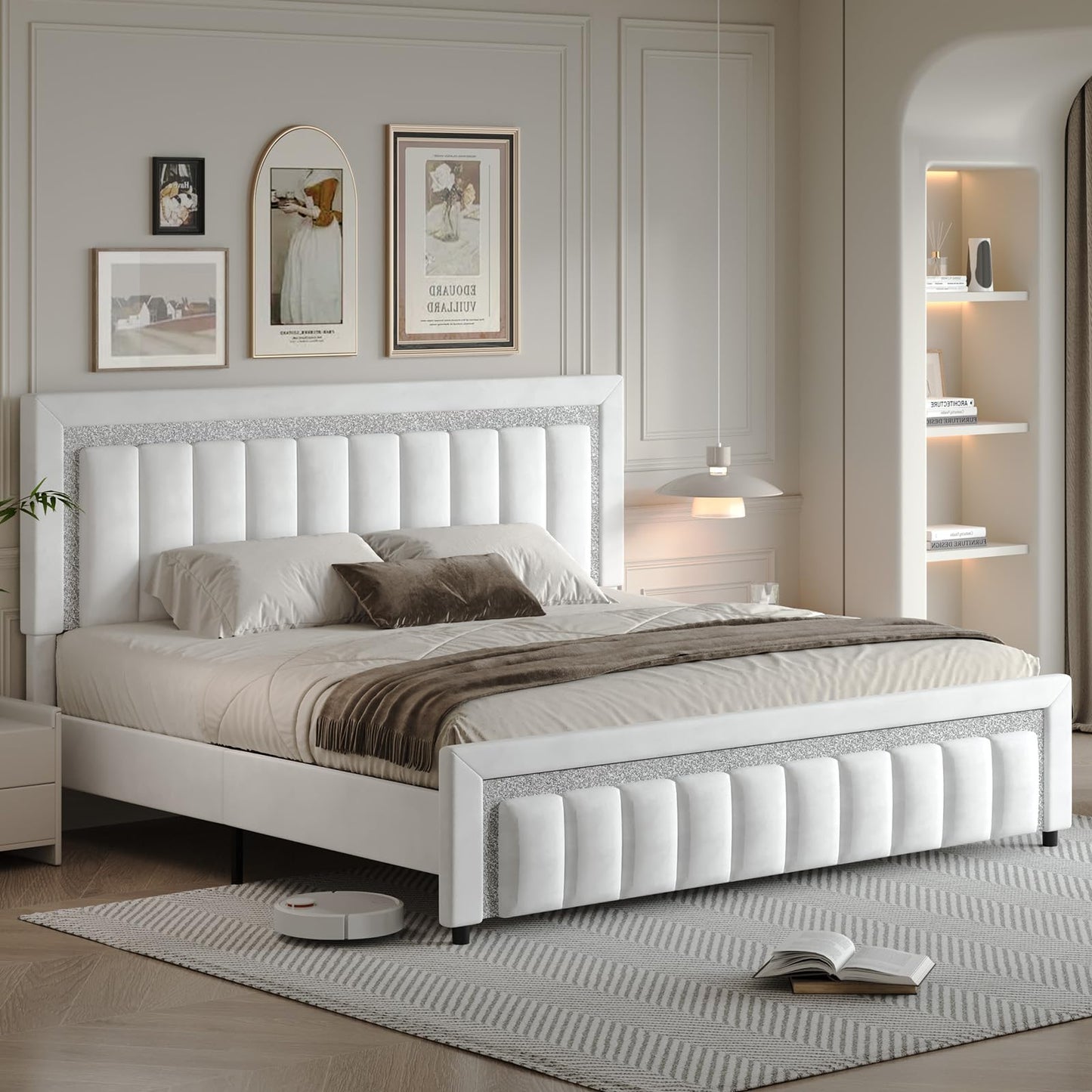 HOMBCK King Size Bed Frame with Diamond Velvet Headboard, Upholstered Bed Frame King with Wooden Slats Support, No Box Spring Needed, Noise Free, Easy Assembly, White