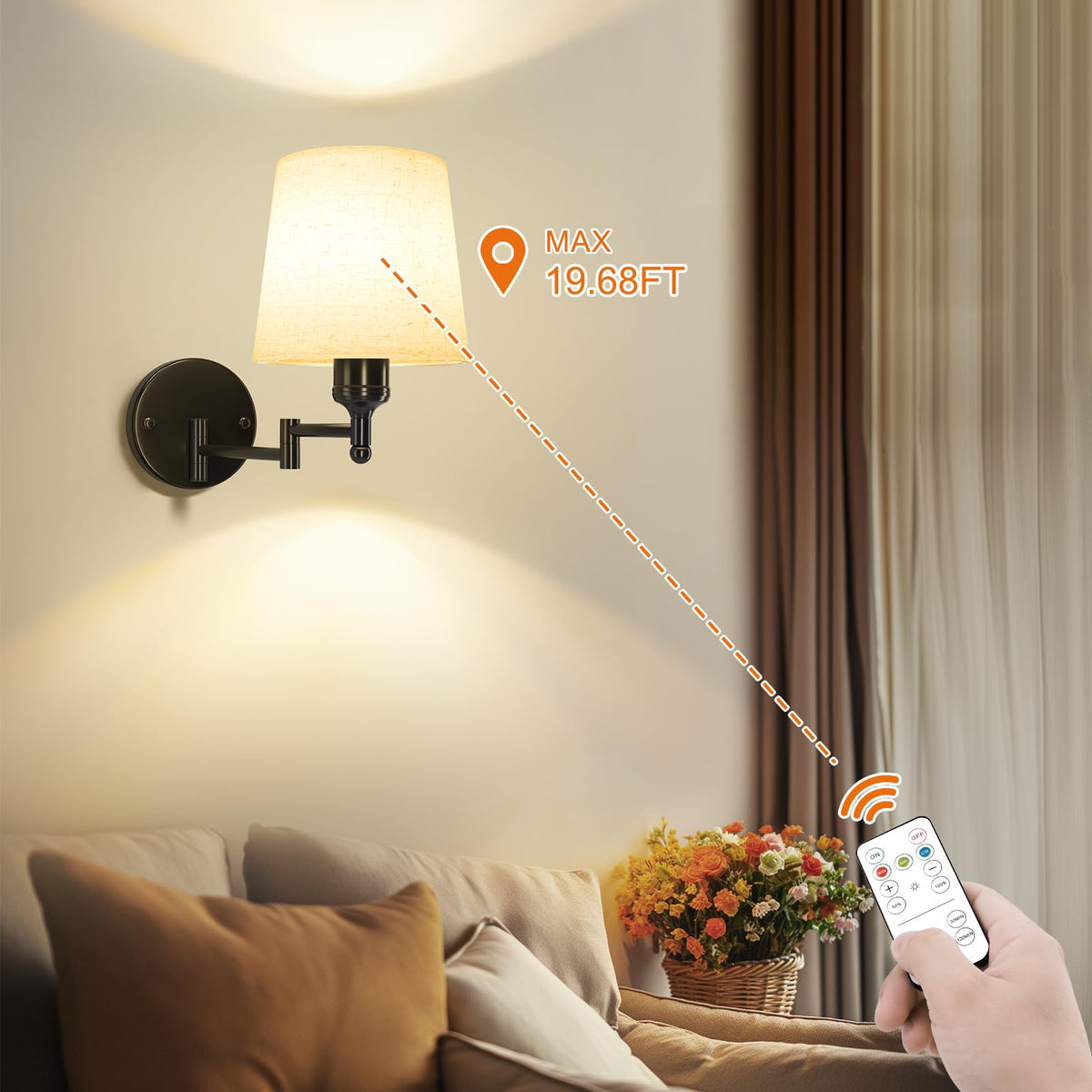 Frideko Swing Arm Rechargeable Wall Sconces Set of Two with Remote, 3 Colors Dimmable Battery Operated Wall Light, 5200mAh Wireless Wall Lamp with 4 Timer, Fabric Indoor Wall Lighting for Bedroom