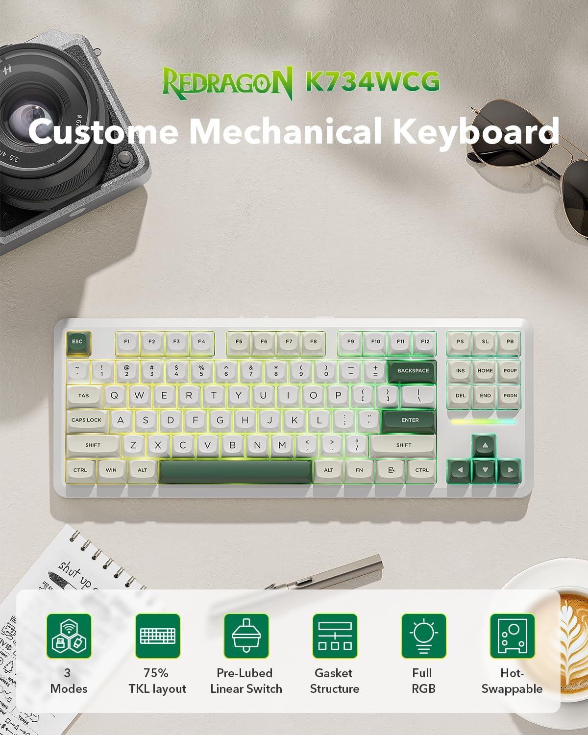 Redragon K734W 75% Wireless Mechanical Keyboard RGB - White & Green