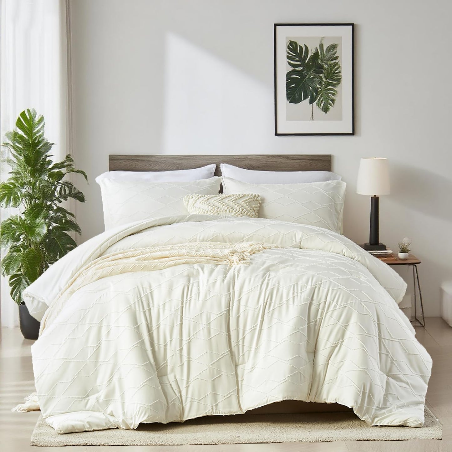 Ellewins King Size Comforter Set 3 Pieces White Tufted Boho Farmhouse Bedding Comforter Sets,Checkered Comforter King Size,Soft Microfiber Comforter Bed Set for All Season(White,102”x90”)