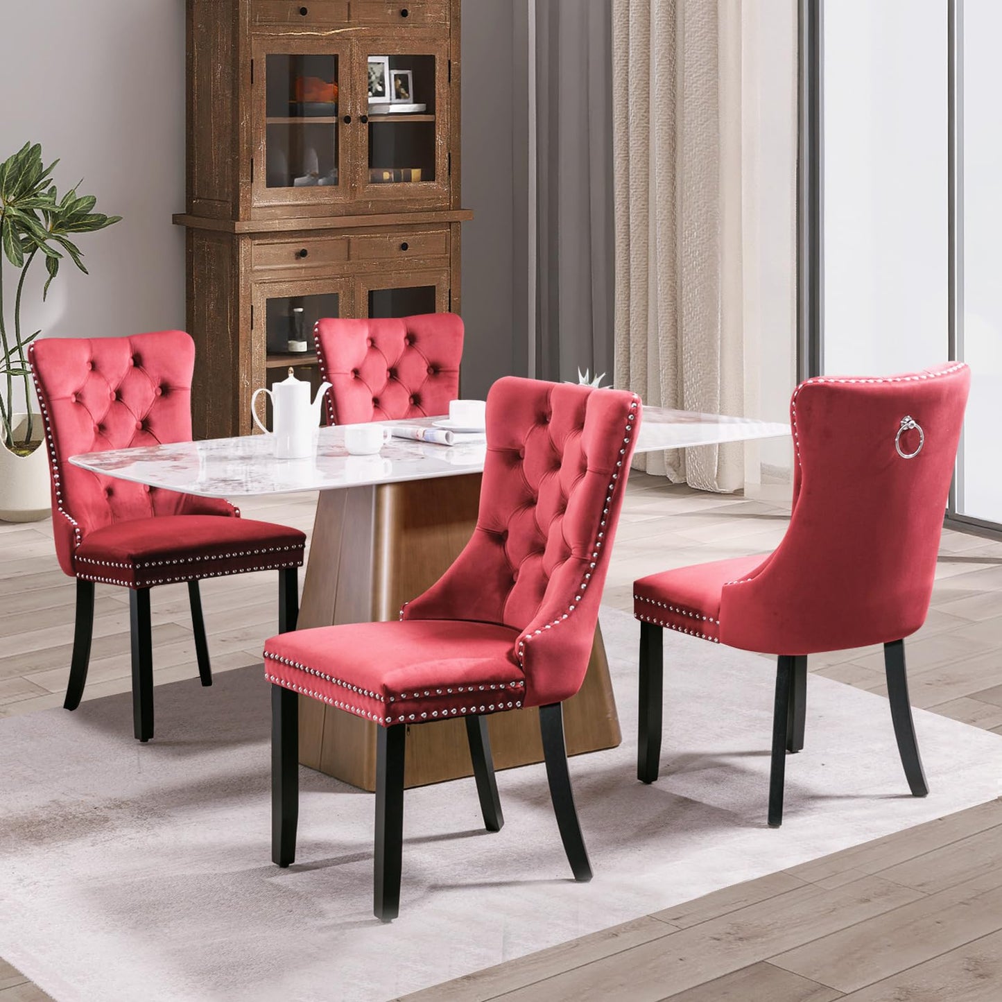 SoarFlash Velvet Dining Chair Set of 4, Upholstered Tufted Dining Room Chair with Nailhead Trim and Solid Wood Leg for Kitchen (Wine Red)