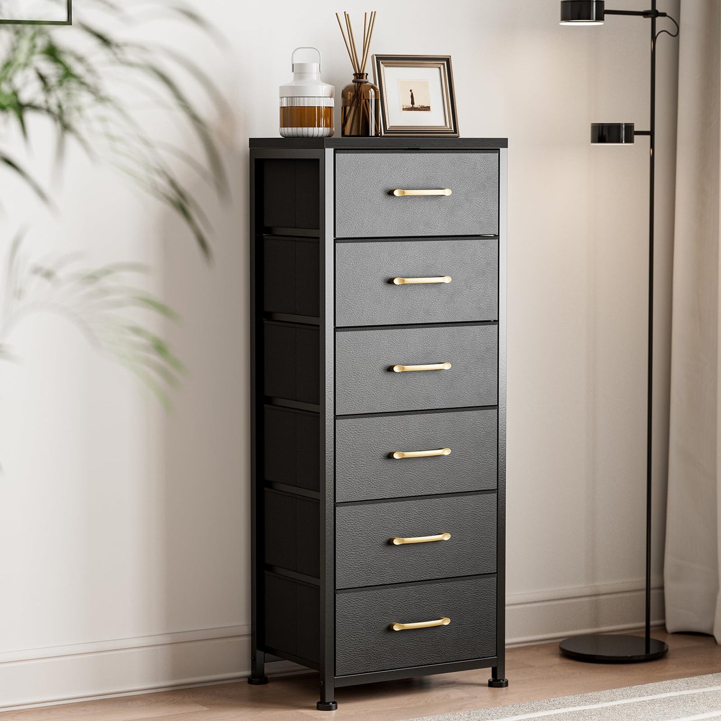 AOVSA Tall Dresser with 6 Drawers, Chest of Drawers with Fabric Bins, Storage Organizer Tower with Wood Top & Steel Frame for Bedroom, Living Room and Entryway - Black