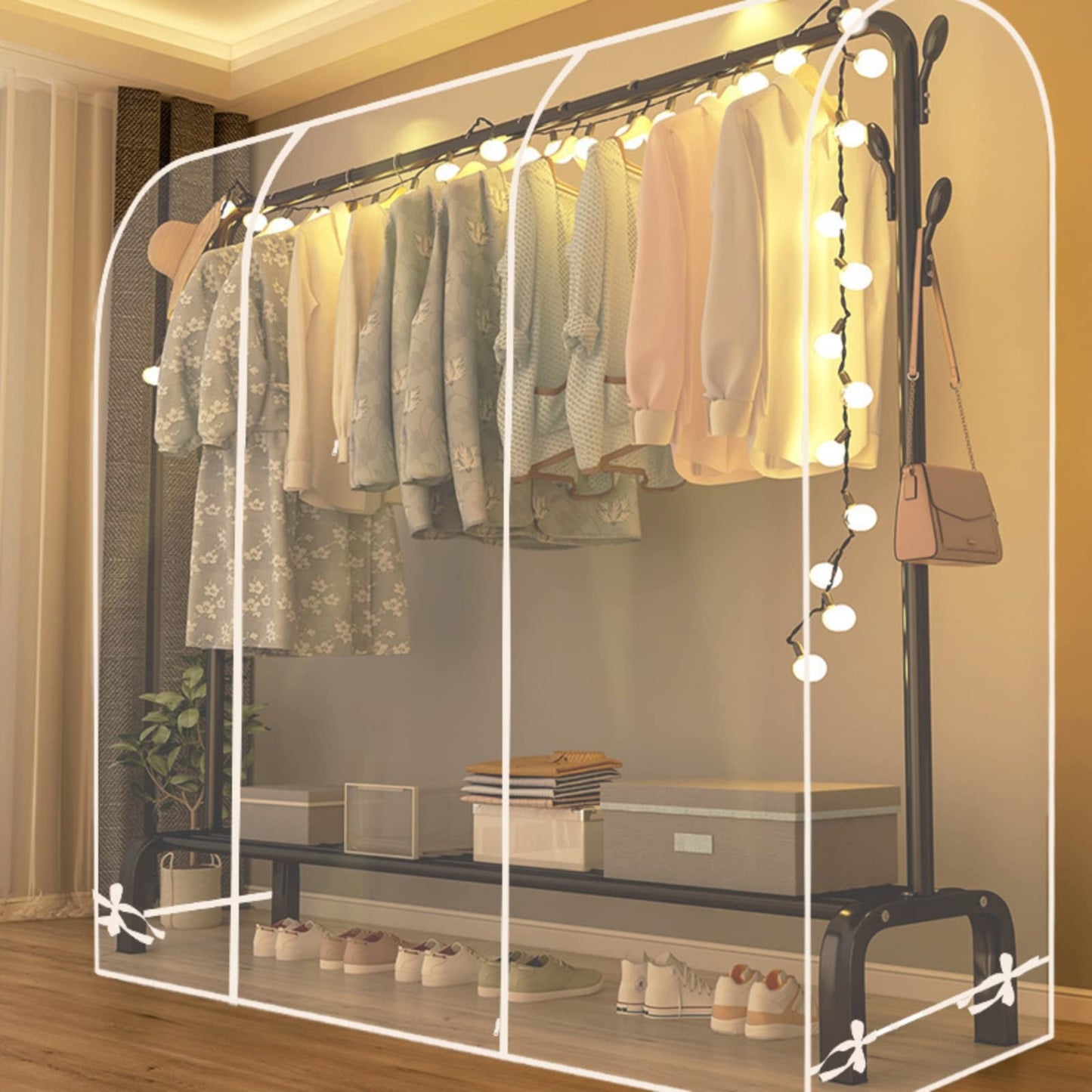 Clear Garment Rack Cover, Transparent PEVA Clothes Rack Cover with 2 Durable Zipper, Clothing Dustproof & Waterproof Protector Cover