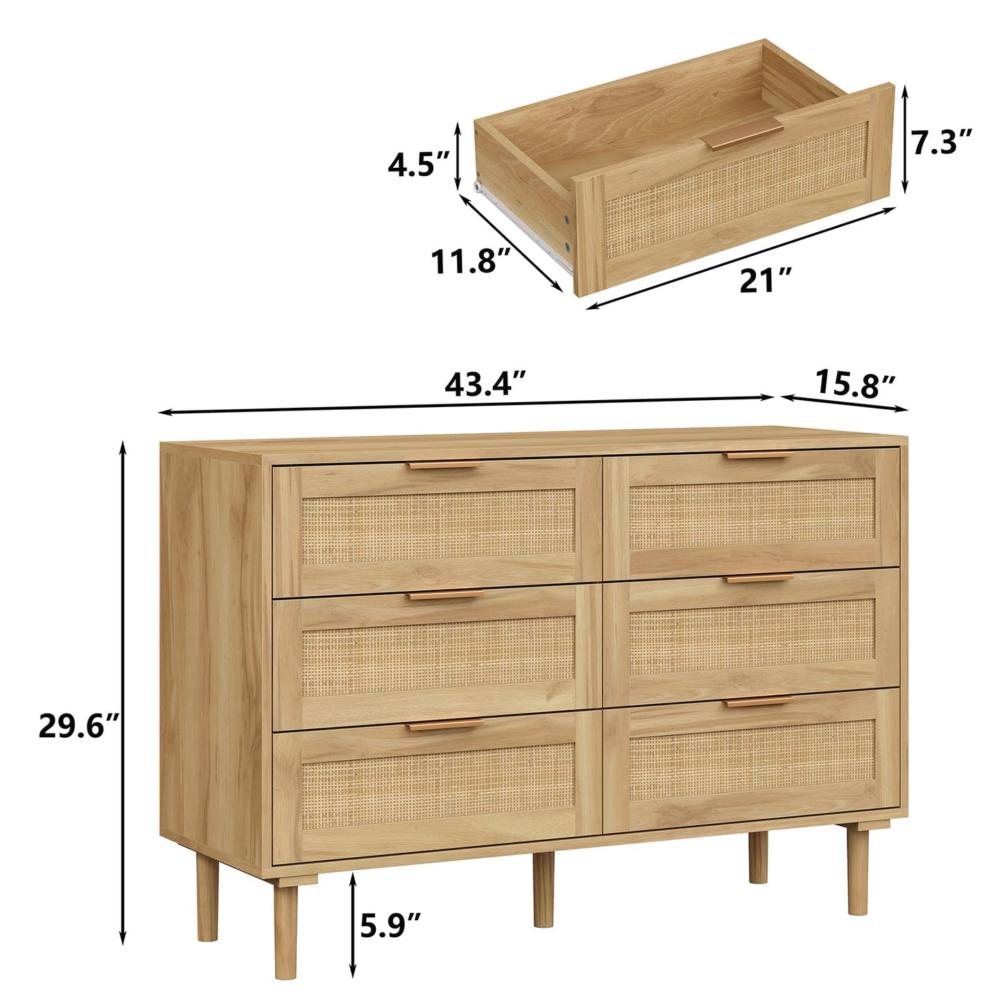 Furniouse 6 Drawer Rattan Dresser for Bedroom Wood Boho Dressers with Solid-Wood Legs & Natural Real Rattan Drawer, Modern Chest of Drawers Beside Table for Bedroom, Living Room