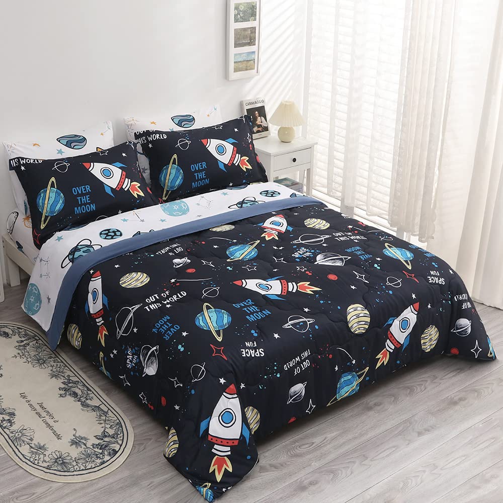 Wajade Kids Space Comforter Set Bed in A Bag Twin Size 7 Piece 3D Space Rocket Planets Bedding Set for Teens Boys Girls (1 Comforter, 1 Flat Sheet, 1 Fitted Sheet, 2 Pillowcase and 2 Pillow Sham)