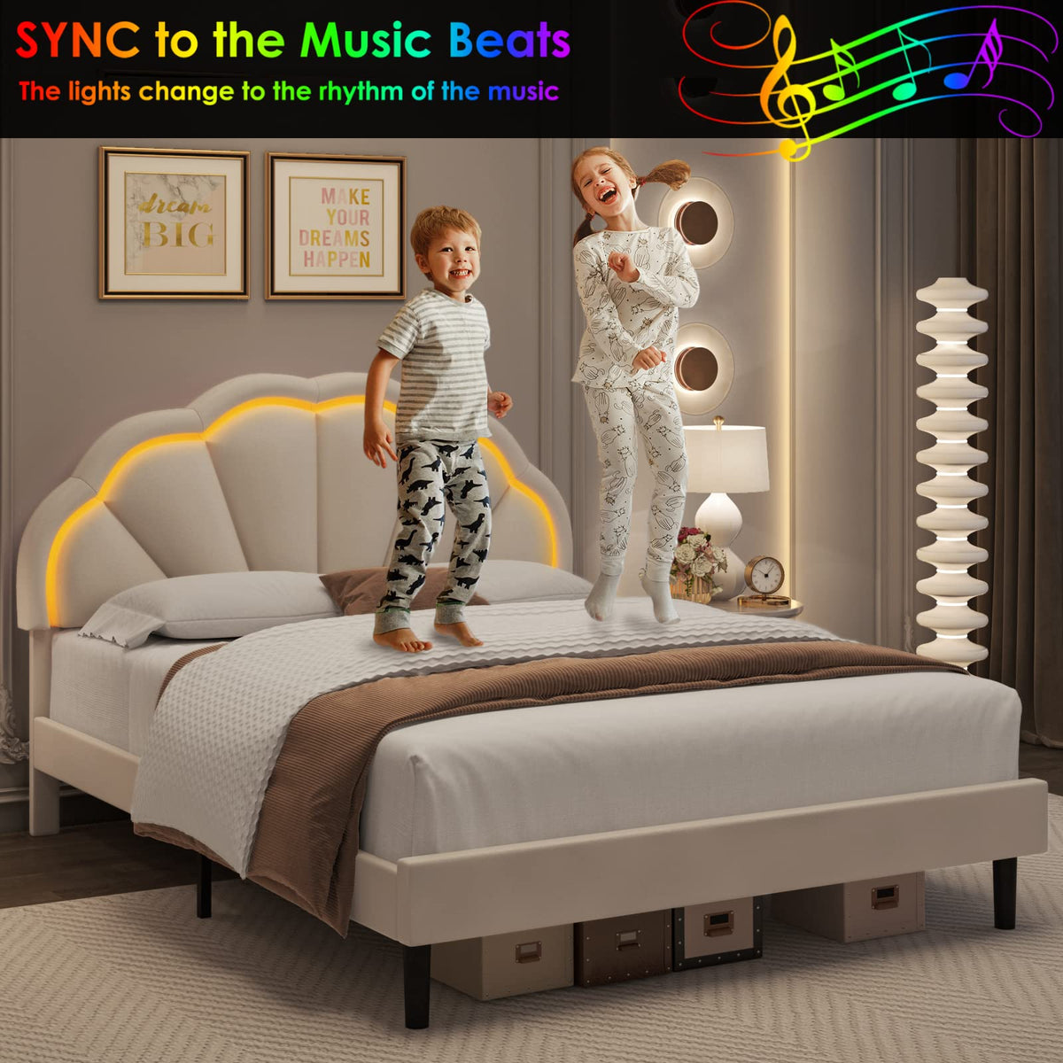 HIFIT Full Upholstered Smart LED Bed Frame with Adjustable Chic Petal Headboard, Princess Full Size Platform Bed Frames for Kids/Girls, Wooden Slats Support, No Box Spring Needed, Easy Assembly, Beige
