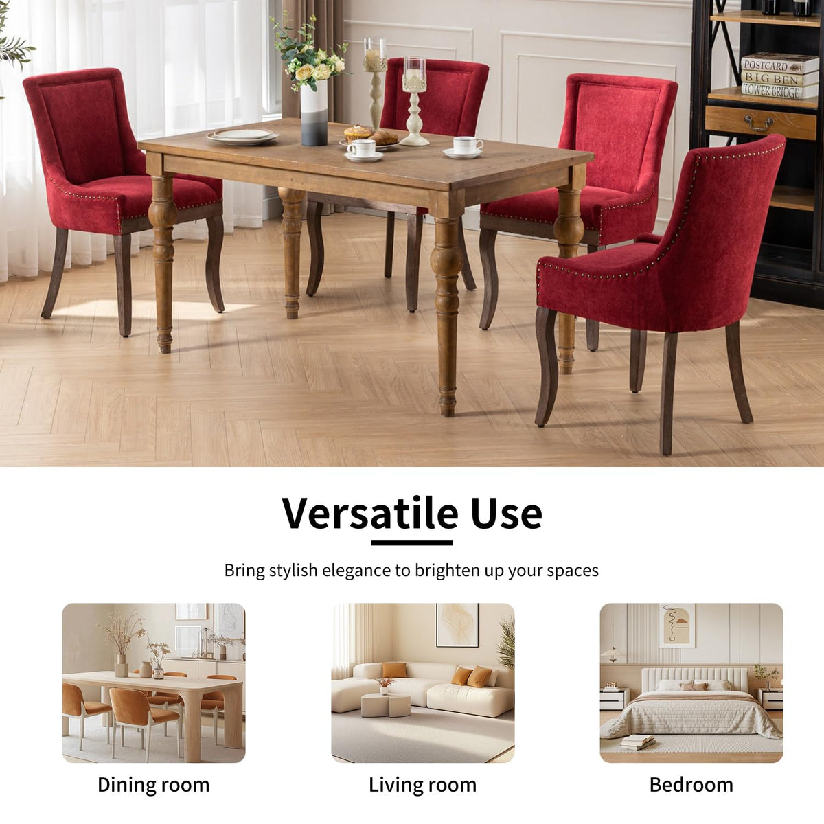 Yayzy Modern Dining Chairs Set of 4, Upholstered Fabric High Back Dining Chairs with Nailhead Trim & Solid Wood Legs for Dining Room & Kitchen, Wine Red