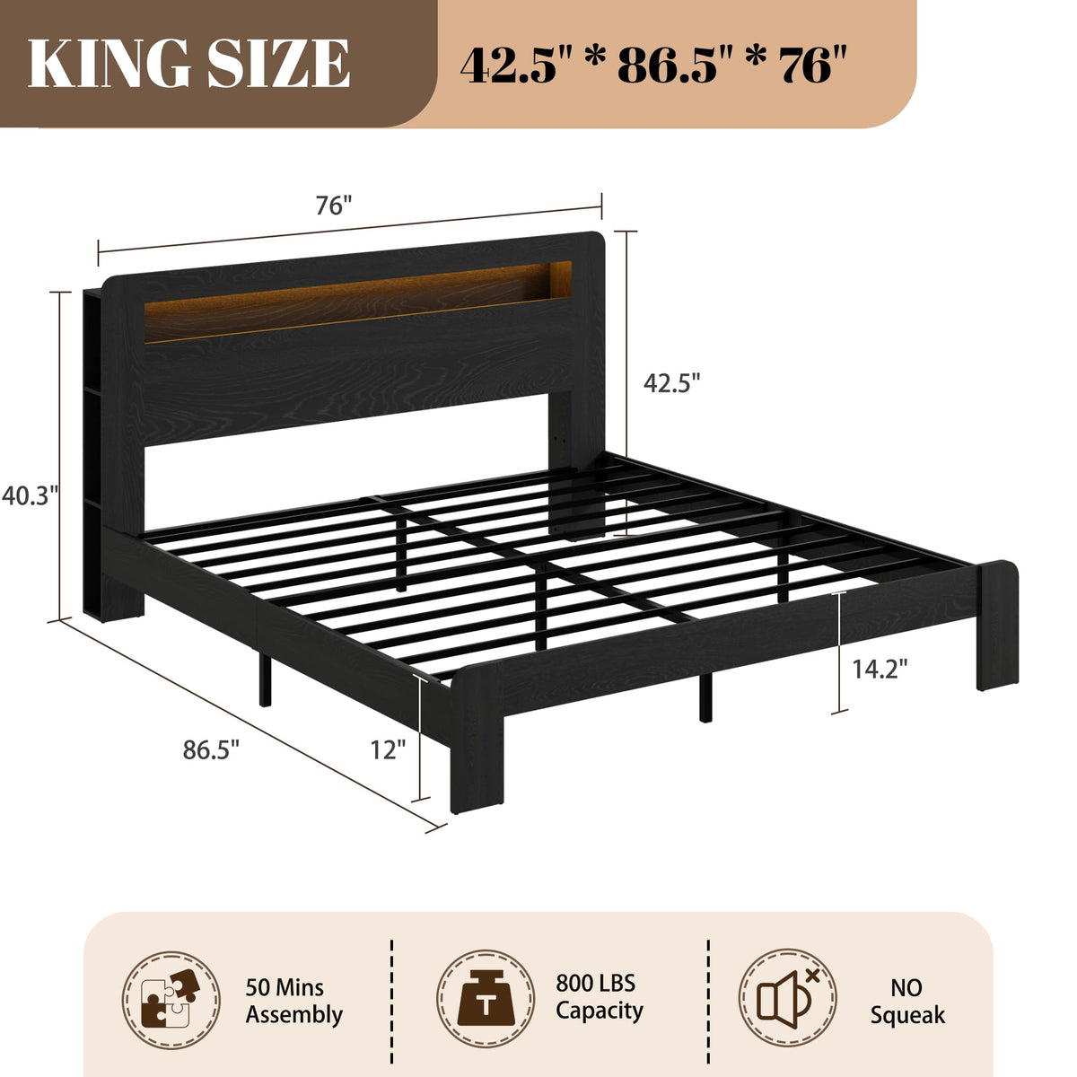 SAMTRA Wooden Bed Frame King Size with Storage Headboard, Farmhouse Platform Bedframe with Bookcase Shelf & Led Lights, Sturdy Wood Slat Framework Bed Frame (Classic Black)