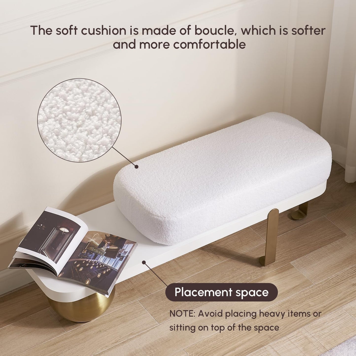 homary Entryway Bench, Wooden Bench Boucle Upholstered Bench with Abstract Metal Leg for Entryway/Bedroom/Living Room - 47.2" L x 13.8" W x 16.5" H White