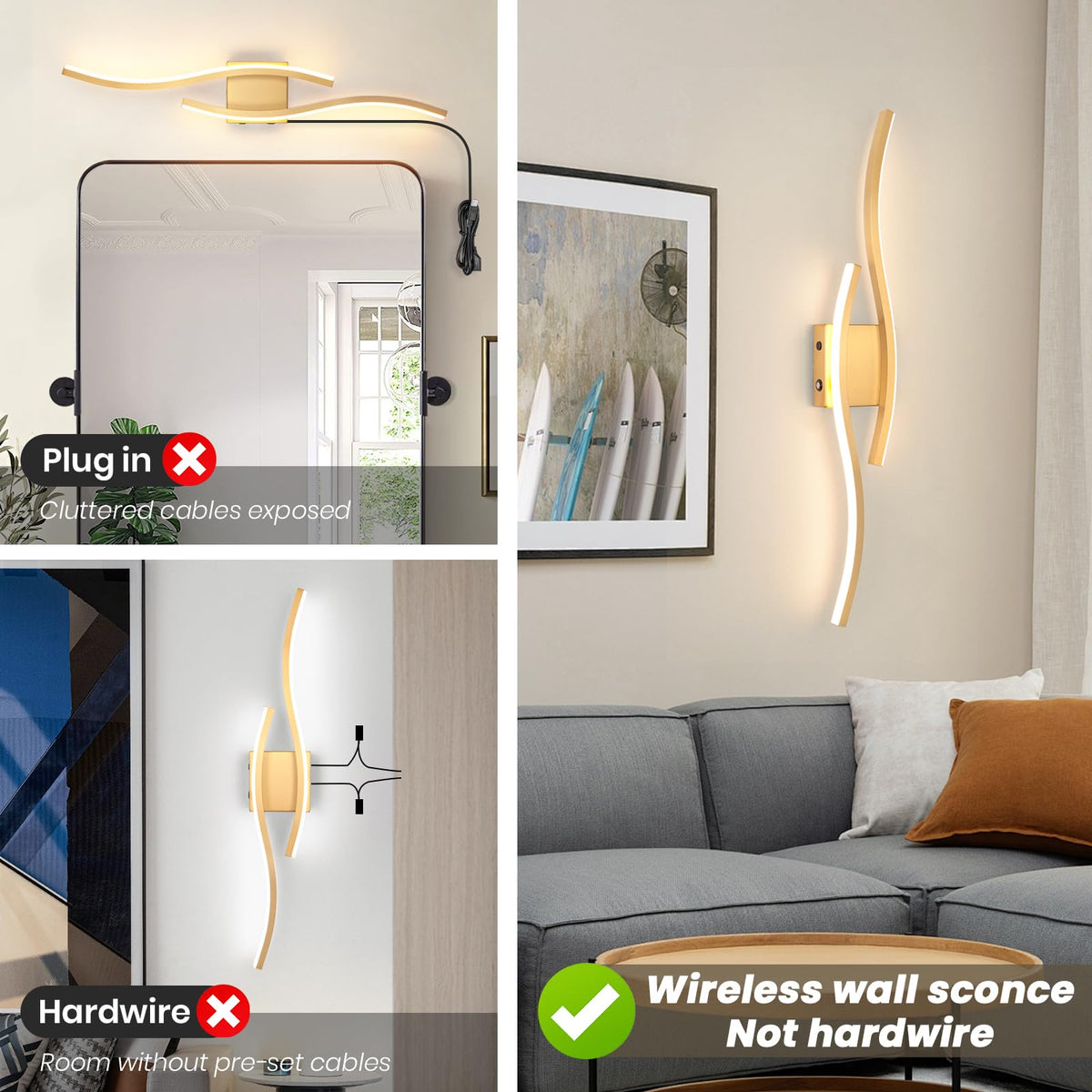 EIDEARAY Modern LED Wall Sconce Set of Two, Battery Powered Wall Sconces Set of 2 with Timer, Gold Wall Light with Remote, LED Wall Lamp Indoor not Hardwired for Bathroom Living Room Bedroom Corridor