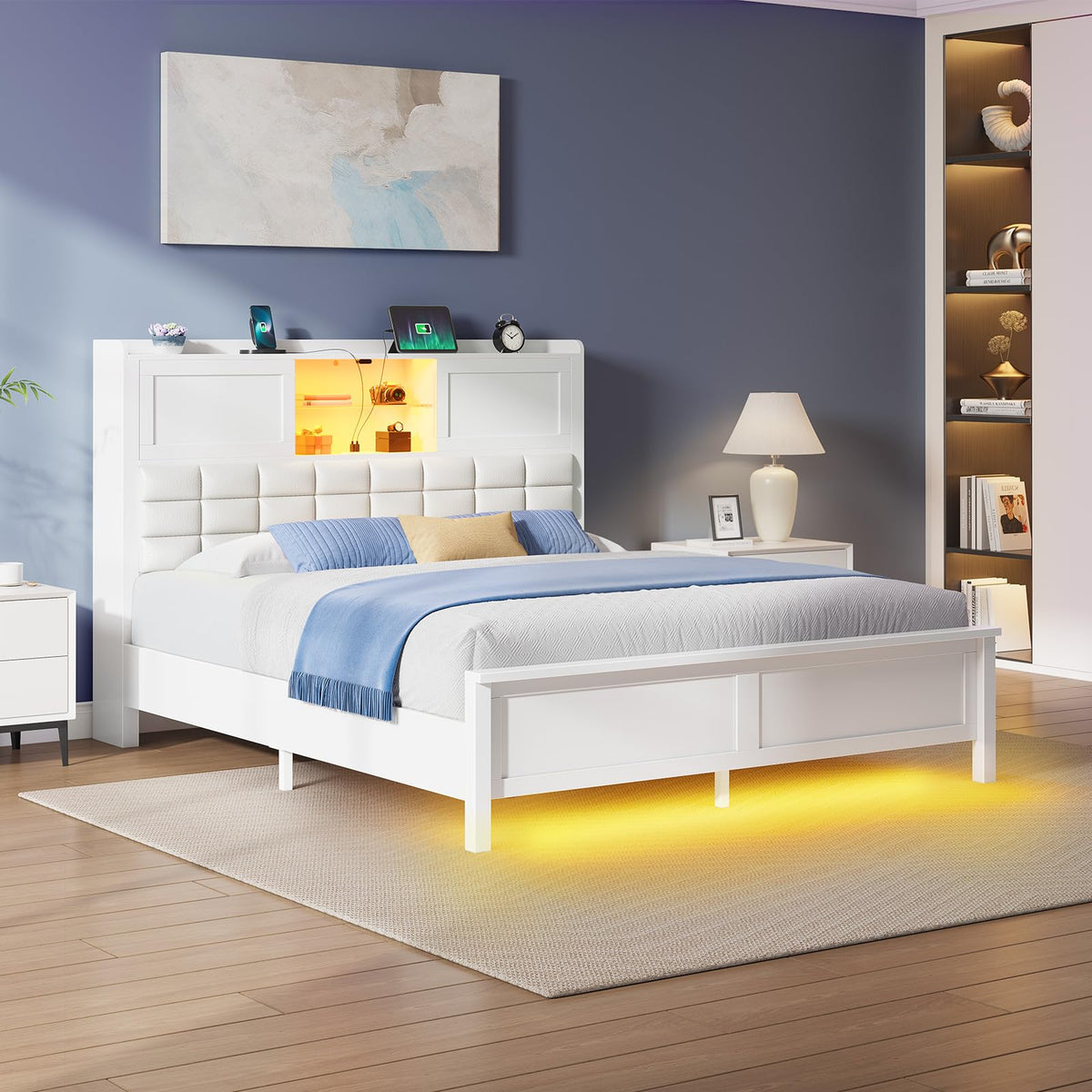 Rolanstar Queen Bed Frame with Charging Station, Bookcase Headboard Bed with LED Light and Sliding Doors, Platform Bed with Wooden Slats, No Box Spring Needed, Noise Free, White