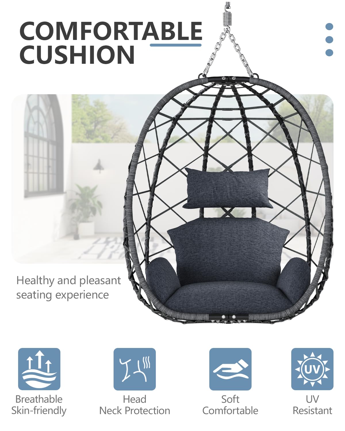 SWITTE Egg Swing Chair with Stand, Outdoor Patio Hanging Egg Chair, Indoor Hammock Chair with Cushion for Garden Backyard, 350LBS Capacity-Dark Grey