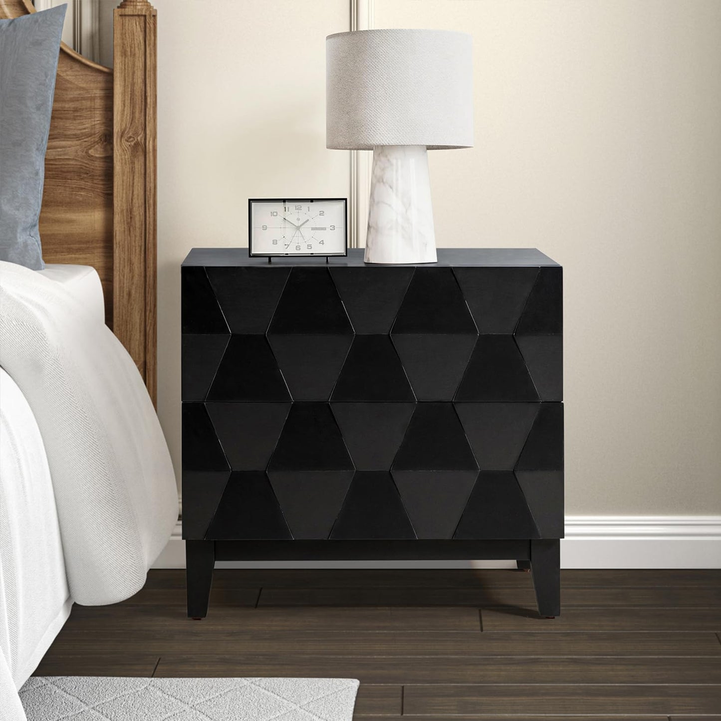 HULALA HOME Wood Nightstand with Charging Station 2 Drawer Dresser with Wooden Legs Mid Century Modern Bedside French Style End Table for Bedroom, Black