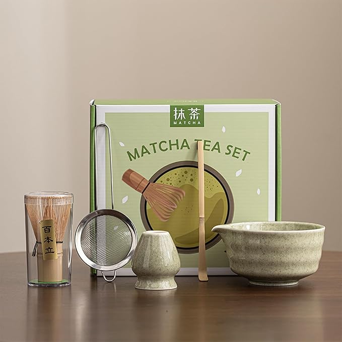 Matcha Whisk Set, Matcha Bowl with Spout, Matcha Whisk and Holder, Bamboo Matcha Scoop and Stainless Steel Sifter - 5 Pcs Mottled Green Kit Gift for Birthday Christmas