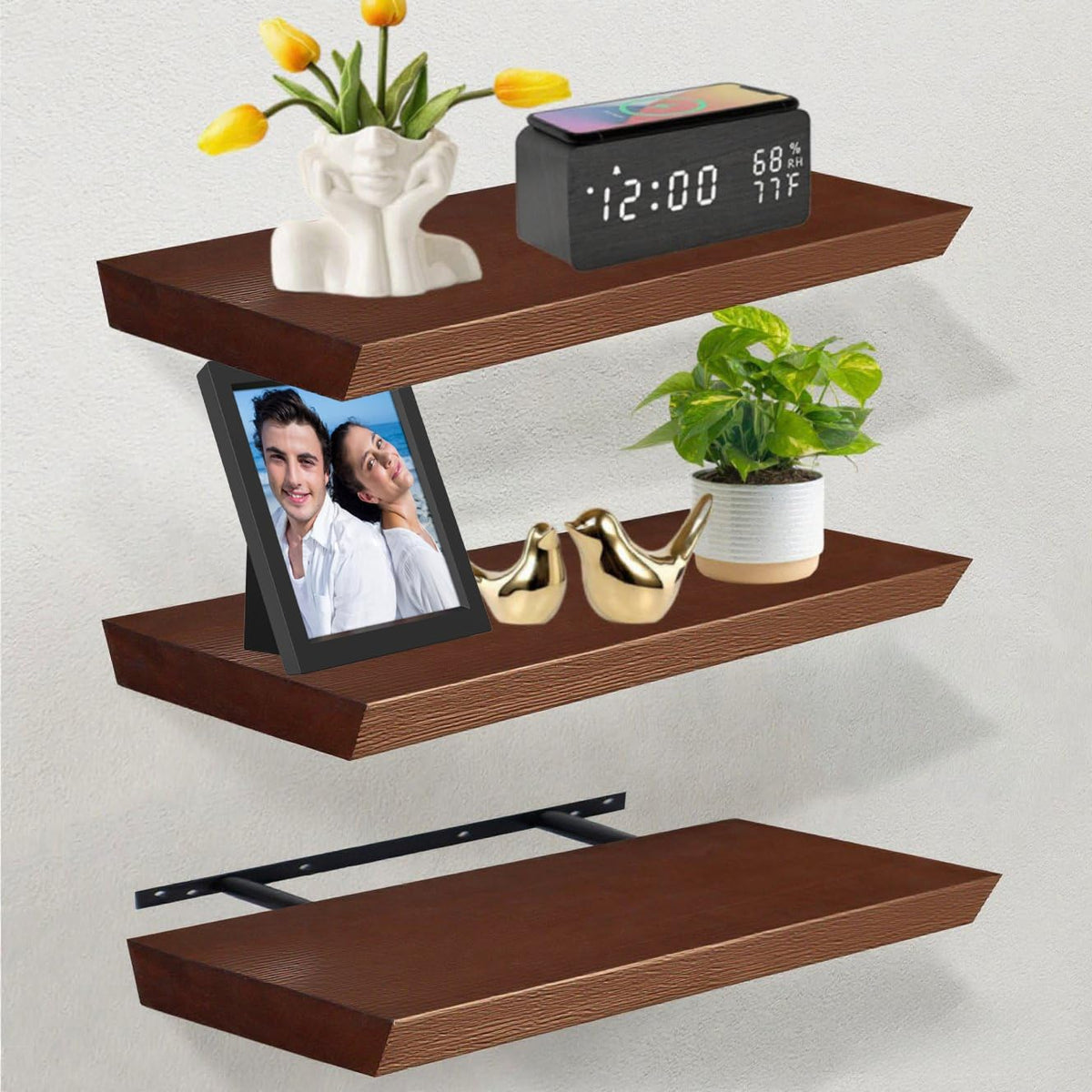 FANTERSI Floating Shelves for Wall Set of 3, Wall Shelves for Bedroom, Wood Shelves for Living Room, Bathroom, Room Decor (1, Brown)