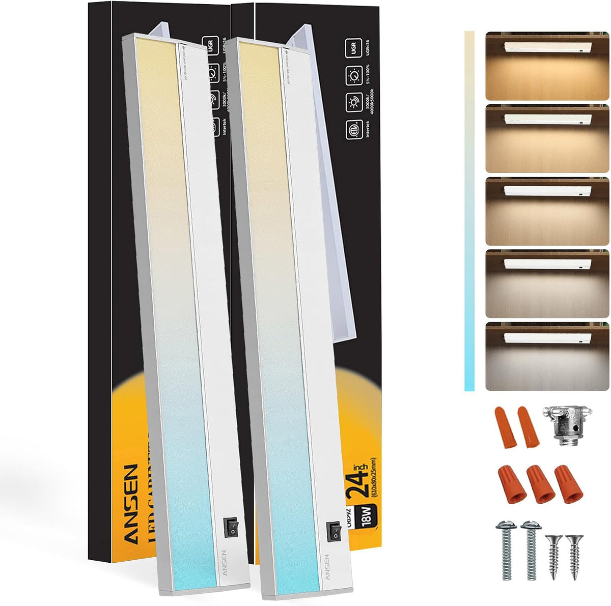 Ansen 2Packs of Under Cabinet Lighting Hardwired, 24in 18W 1237LM Dimmable Led Light for Kitchen/Closet, CRI 92+, R9 90+, 5 Color Temperature, 2700K-5000K(Warm White, Cool White, Daylight)