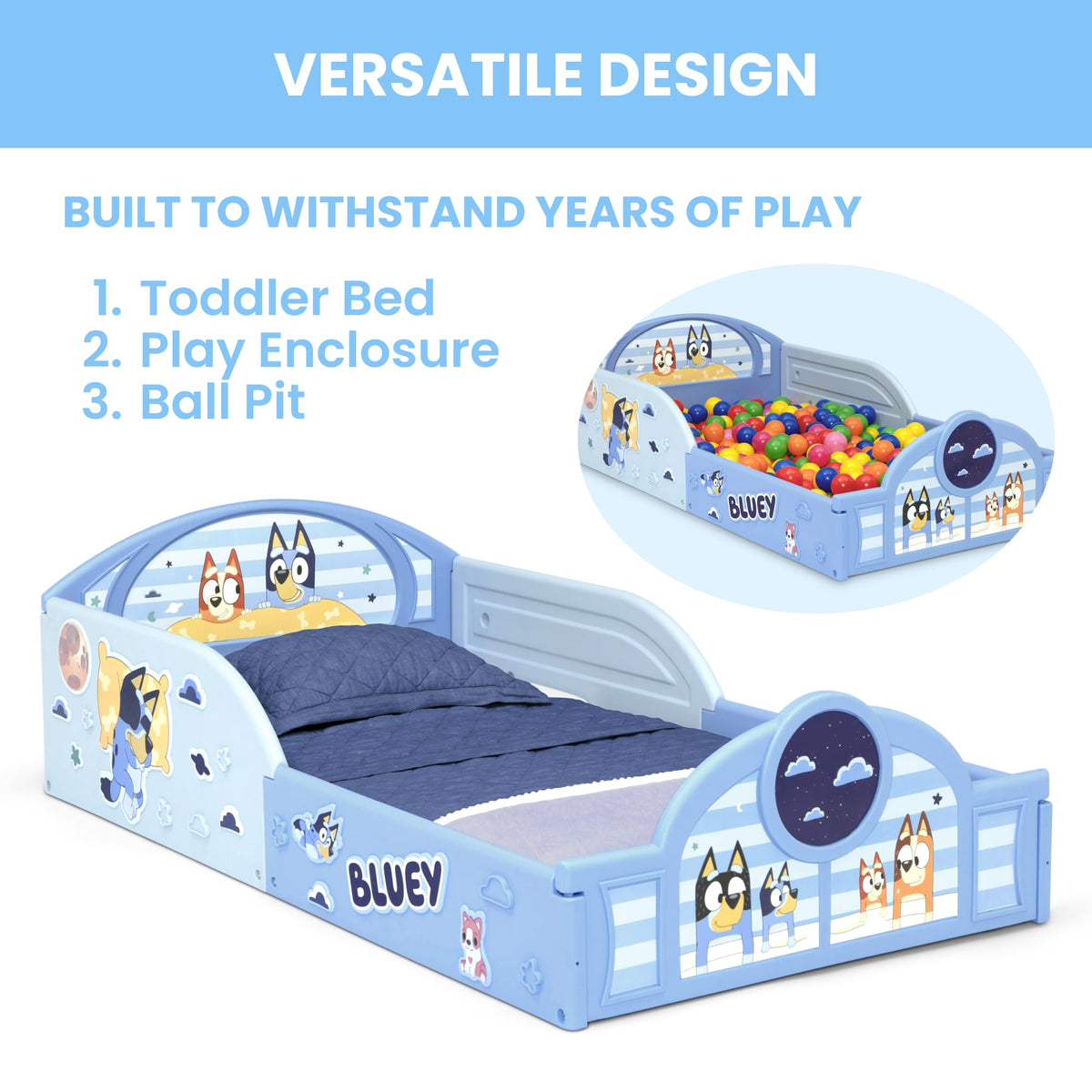Delta Children - Bluey 4-Piece Toddler Room-in-a-Box Set – Includes Sleep and Play Toddler Bed, Table, 1 Chair and Fabric Toy Box, Blue