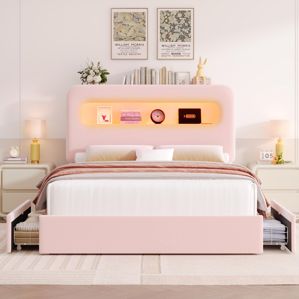 HOSTACK Full LED Bed Frame with Storage Headboard and Charging Station, Girls Bed Frame with 4 Drawers and USB Ports, Velvet Upholstered Platform Bed Frame with Bookcase, No Box Spring Needed, Pink