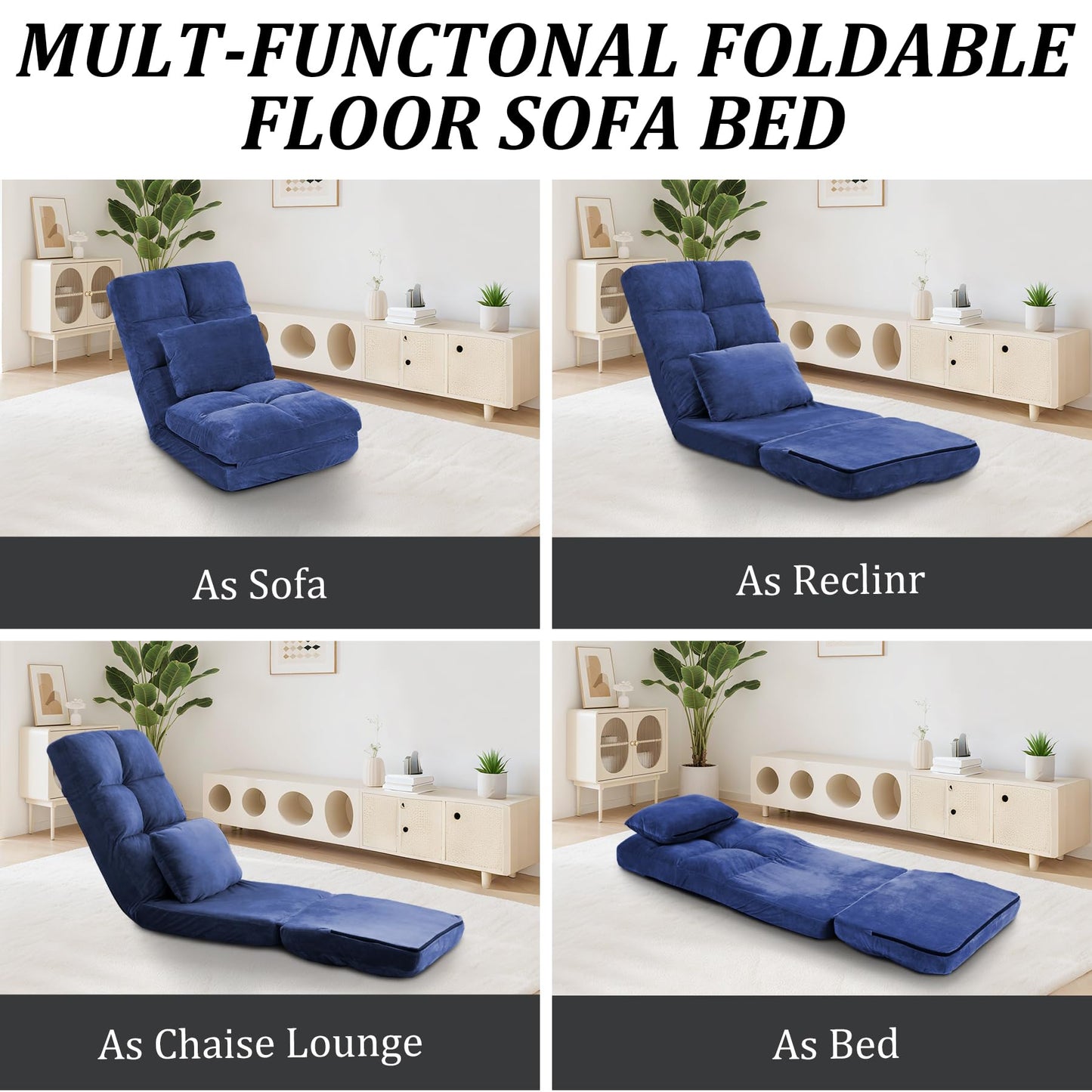 DeeLyan Indoor Chaise Lounge Sofa, Floor Chair with Back Support for Adults, 14 Angle Adjustment Recliner Chair, Folding Floor Lounger with Pillow (Blue)