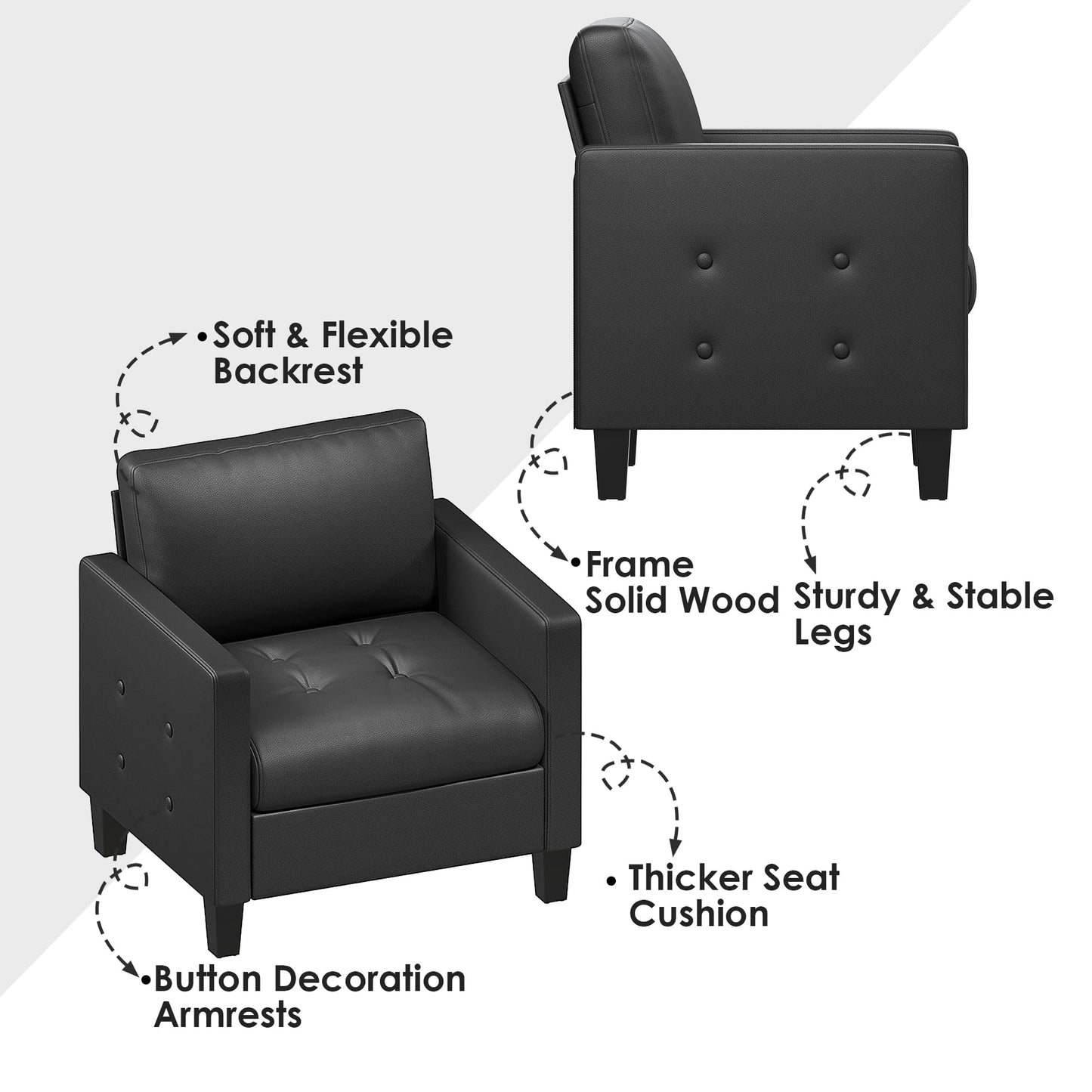 STHOUYN Accent Chairs Set of 2, Black Faux Leather Chair, Mid-Century Modern Living Room Chairs, Cozy Office Reading Chair with Tufted Seat and Armrest, Armchairs for Bedroom, Waiting Room (2)